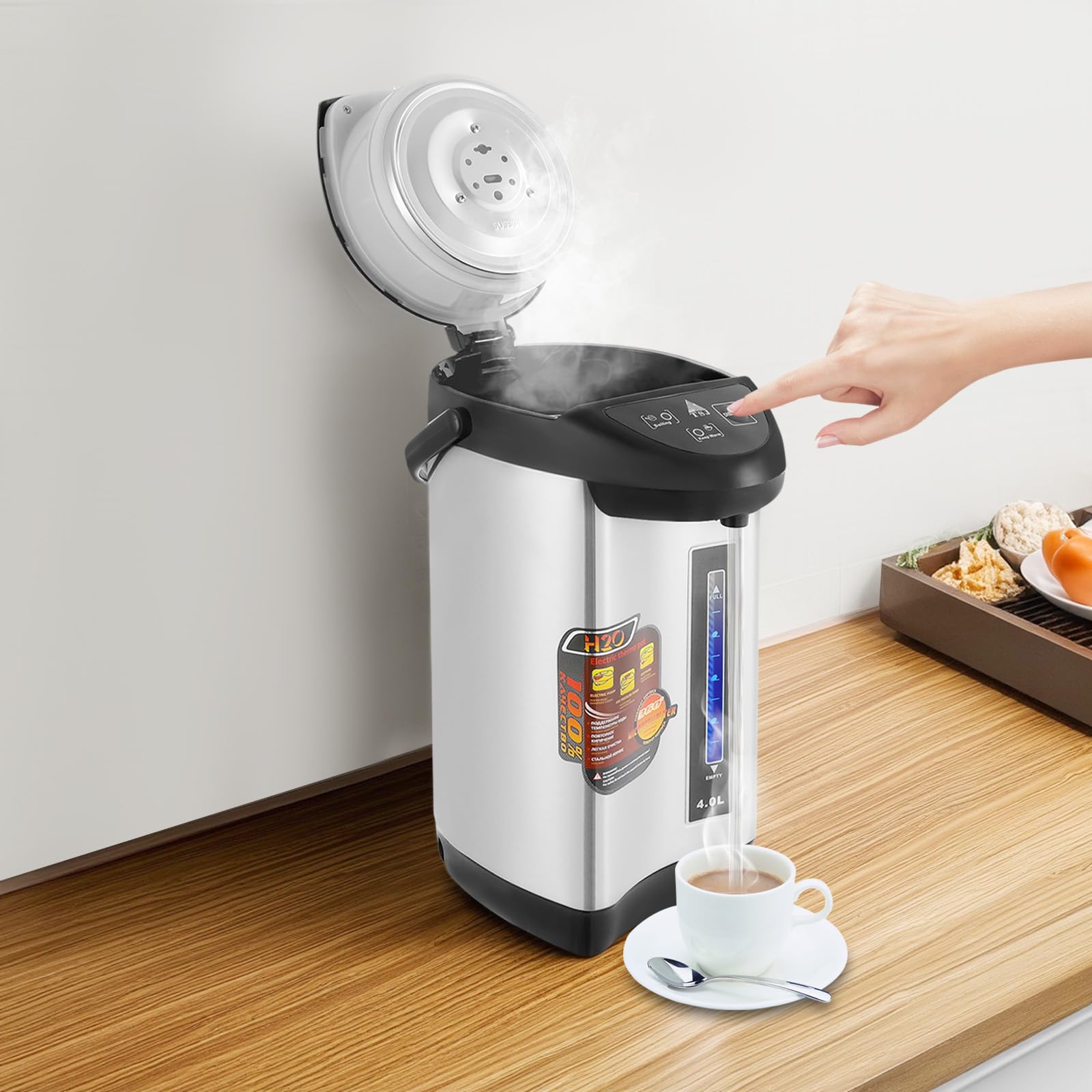 Heißwasserspender mit Temperaturregelung, Edelstahl Warmwasserspender mit Dampfauslass Sicherheitsventil, Elektrischer Wasserkocher Heizer für Tee Instantnudeln Kaffee (750W) (5.8, Liter)