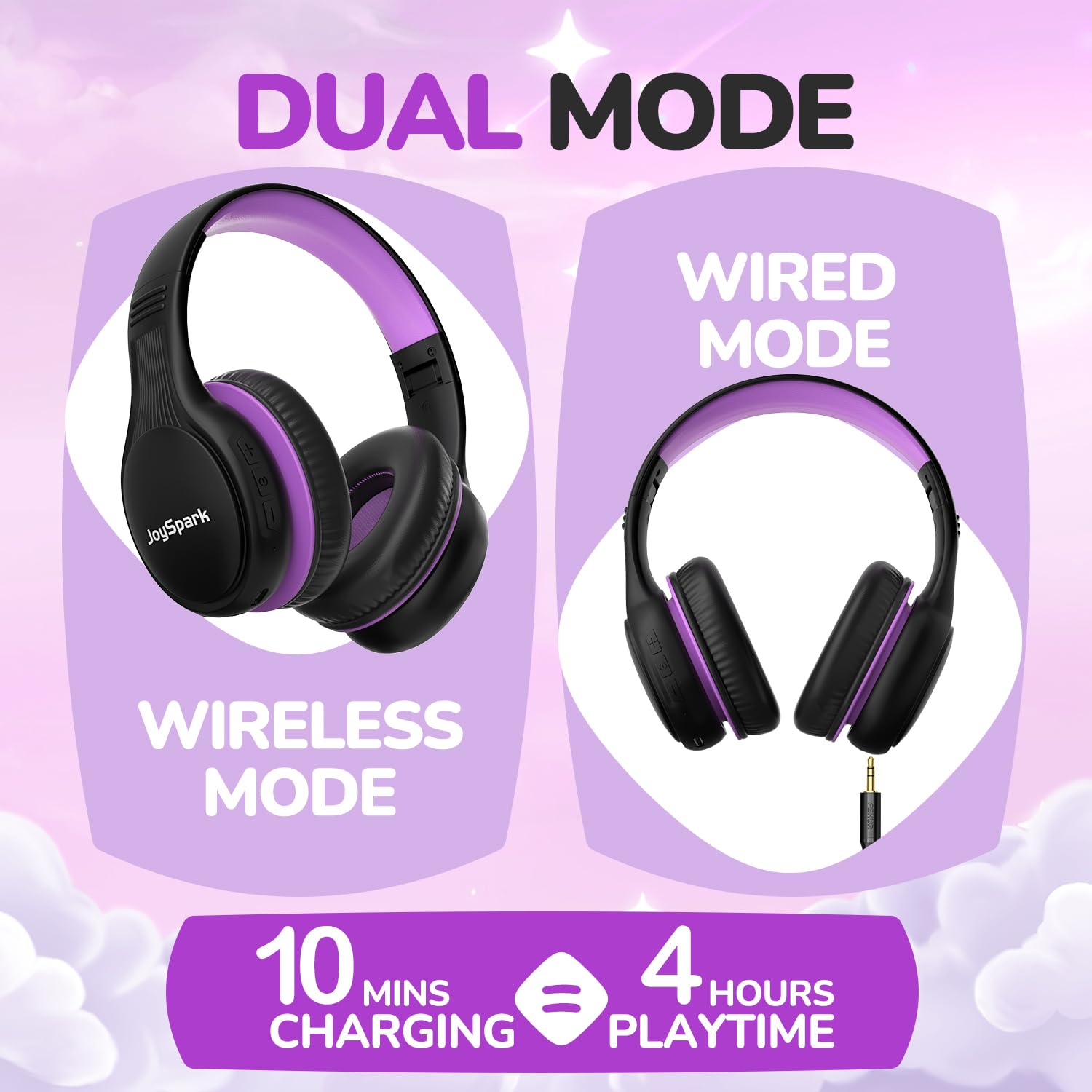 JoySpark Auriculares Bluetooth para niños, 60 horas de reproducción, Bluetooth 5.4, auriculares inalámbricos para niños, carga rápida tipo C, volumen limitado de 85/94 dB, auriculares inalámbricos