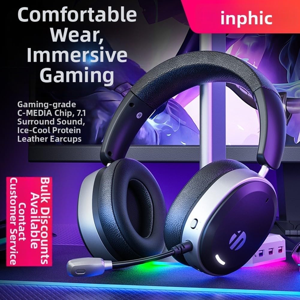 Eawfgtuw INPHIC H9 Cuffie da gioco wireless con microfono, suono surround 7.1, driver da 50 mm, BT 5.3/2.4G/USB-C per console PC mobile, cancellazione del rumore, cuscinetti auricolari in pelle