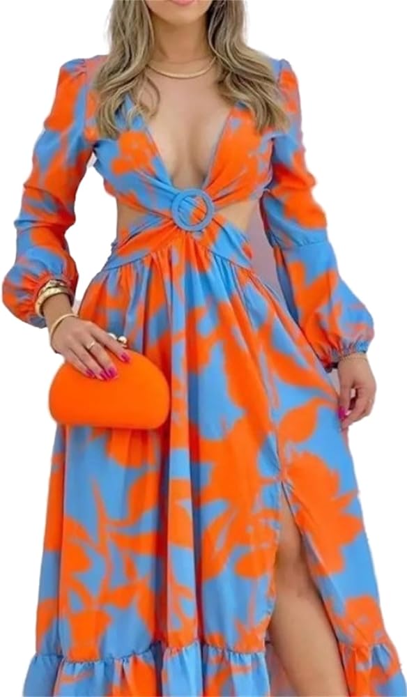 YUNZSXJY Women's Summer Dress Printed Holiday Beach Dress Colorful Long  Sleeve Maxi Dress Casual Vacation Dress at Amazon Women's Clothing store