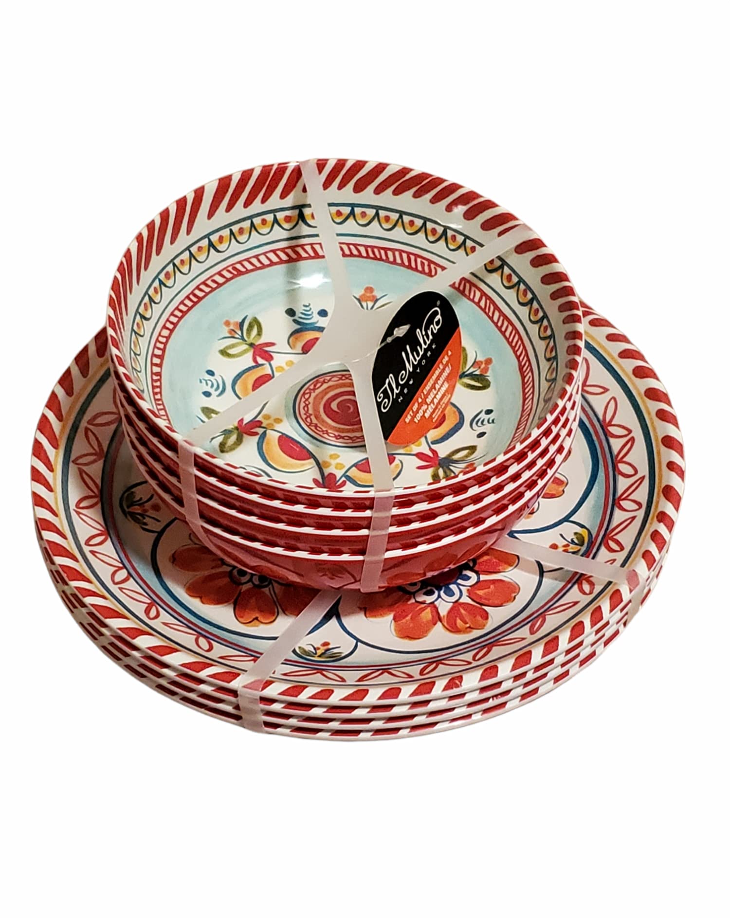 IL Mulino Tuscan Dinner Plates and Salad Bowls Set of Four Each Melamine Dinnerware, Multicolor