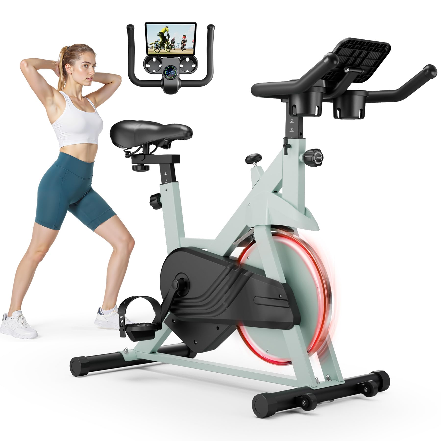 Stationary Bike, Spin Bike with 32 Levels of Adjustable Magnetic, Exercise Bike for Home with Exclusive App, Low Noise Indoor Bike, Cycling Bike with Comfortable Seat Cushion