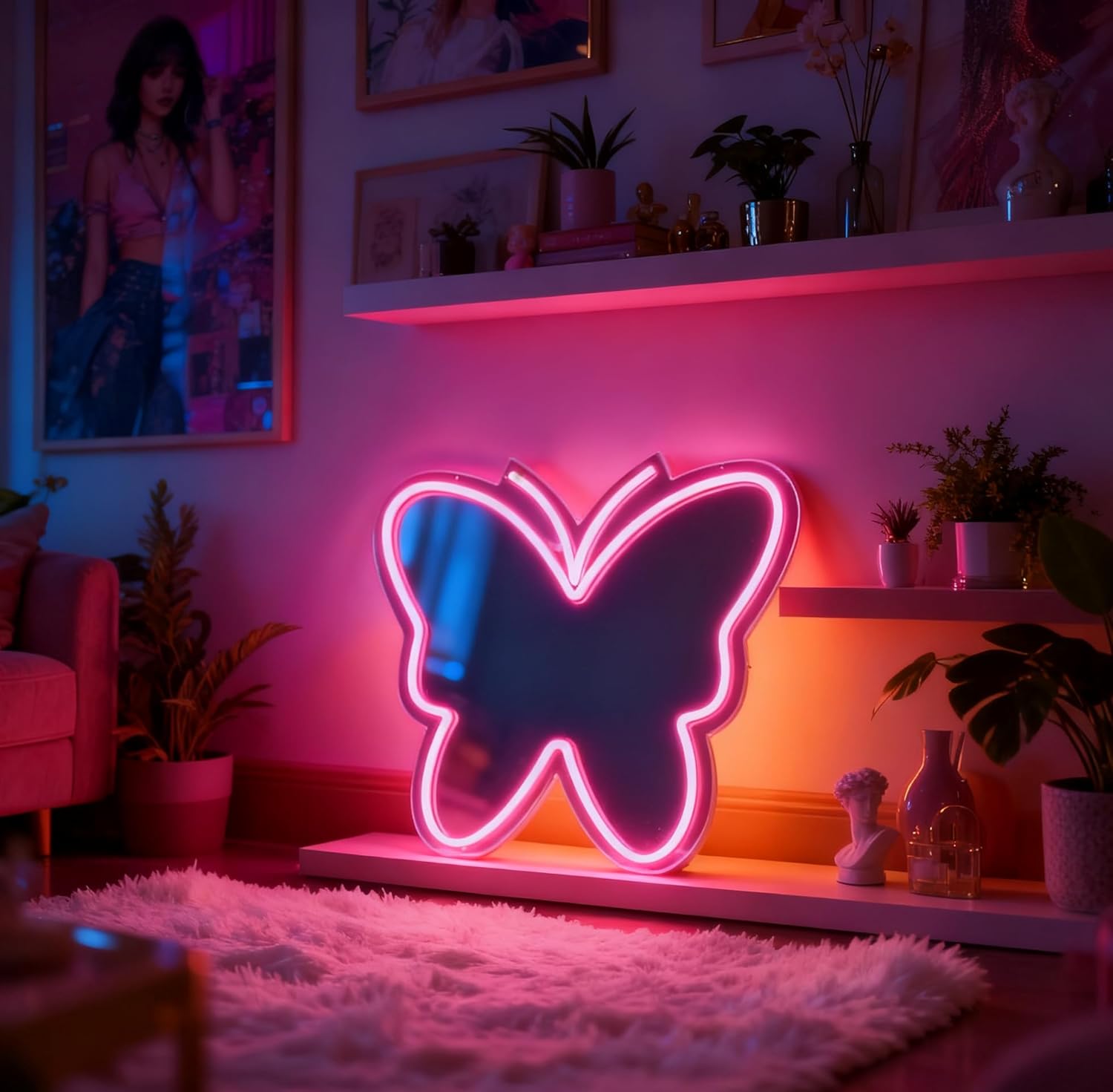 Pink Butterfly Mirror Neon Sign, LED Decorative Wall Mirror USB Powered Aesthetic Room Decor for Girls Bedroom Living Room Home Decor Butterfly Shaped Light Up Neon Sign, 16.1 x 13.2 In