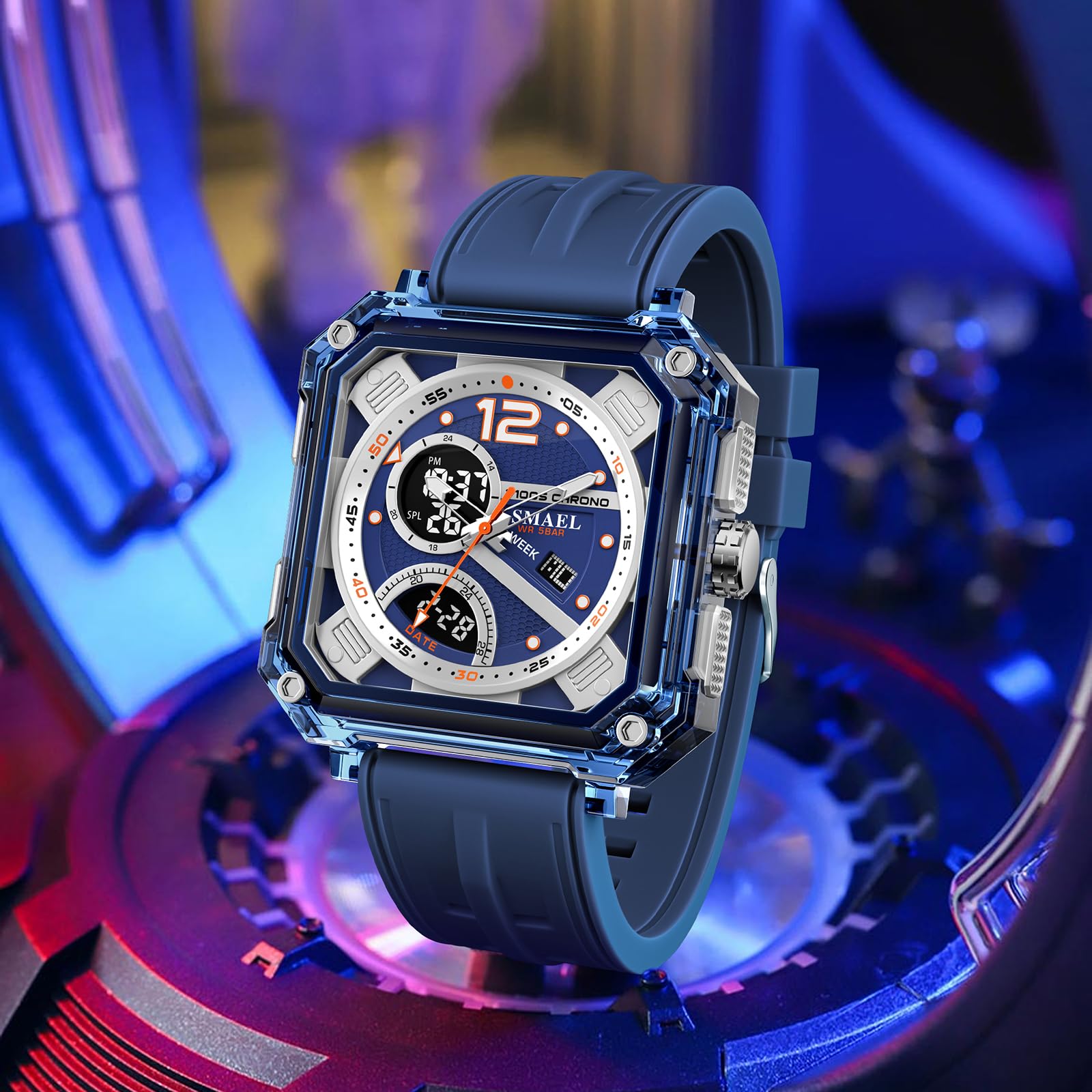 CARLIEN Orologio digitale quadrato trasparente da uomo impermeabile 50M
