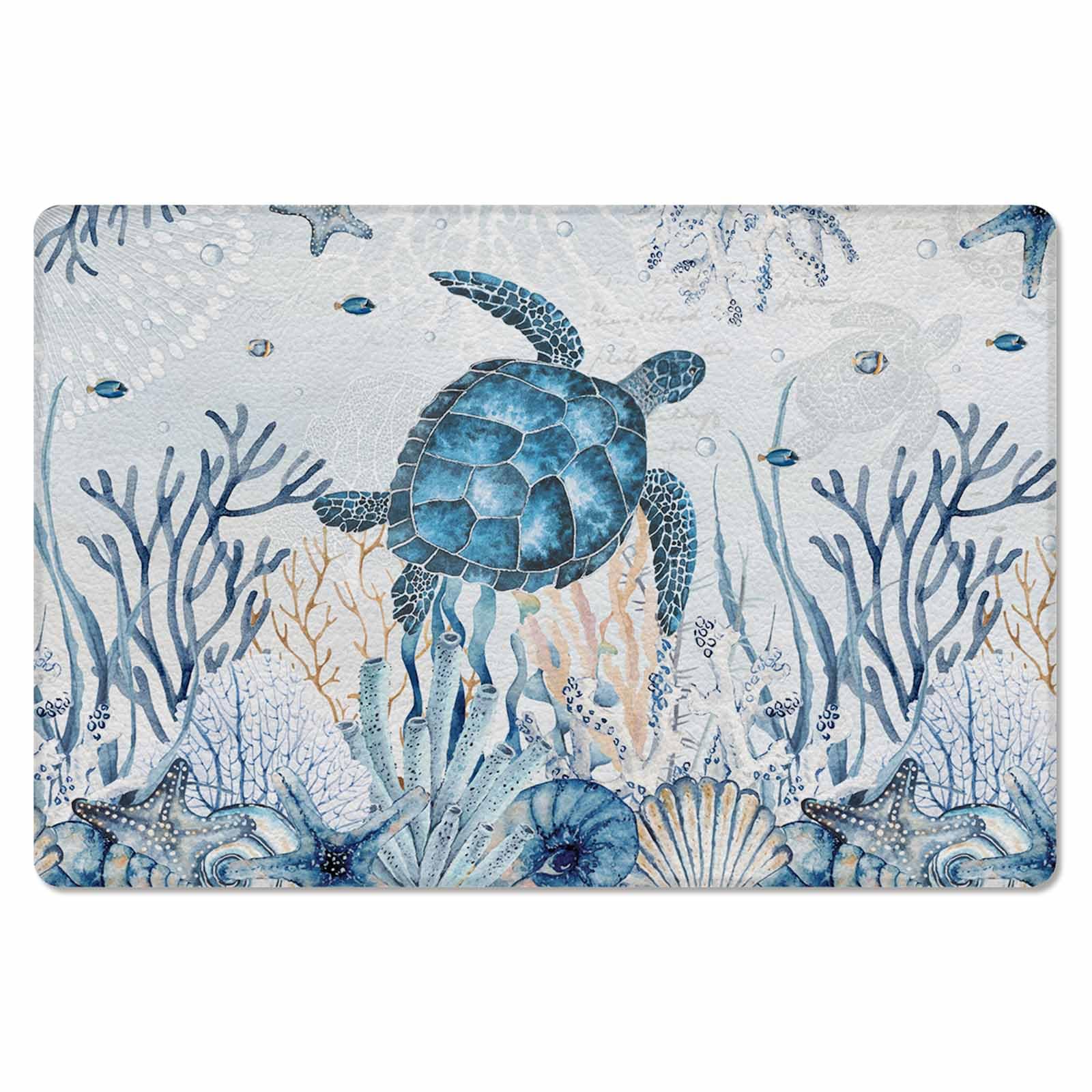 Coastal Nautical Turtle Antifatigue Kitchen Bath Door Mat Cushioned Runner Rug,Washable Welcome Floor Sink Mat,Waterproof Kitchen Standing Doormat,Blue Ocean Fish Seashell Coral Starfish 24
