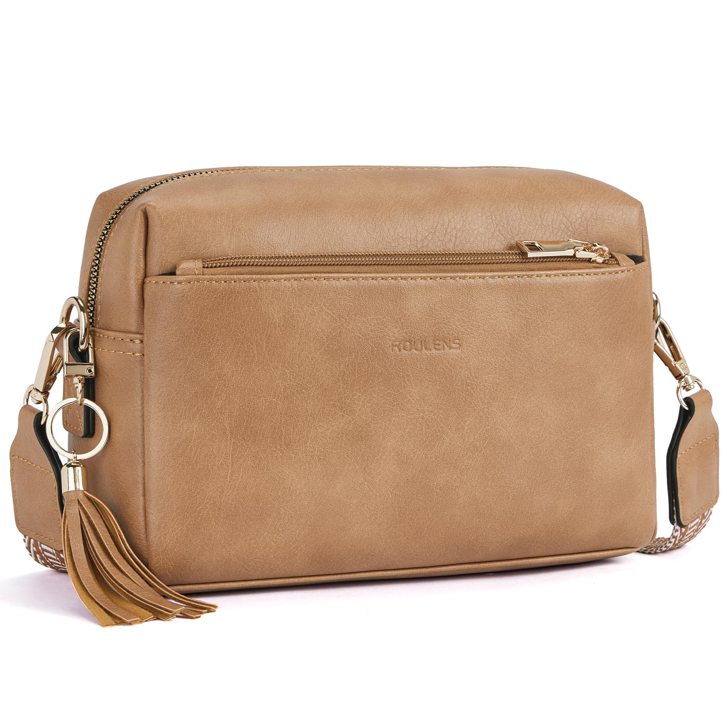Roulens Damen Handy Umhängetasche,Veganem Leder Crossbody Schultertasche,Breiter Riemen Abendtasche mit drei Reißverschlussfächern Handtaschemit mit Kartenschlitz Verstellbar Abnehmbar Schultergurt