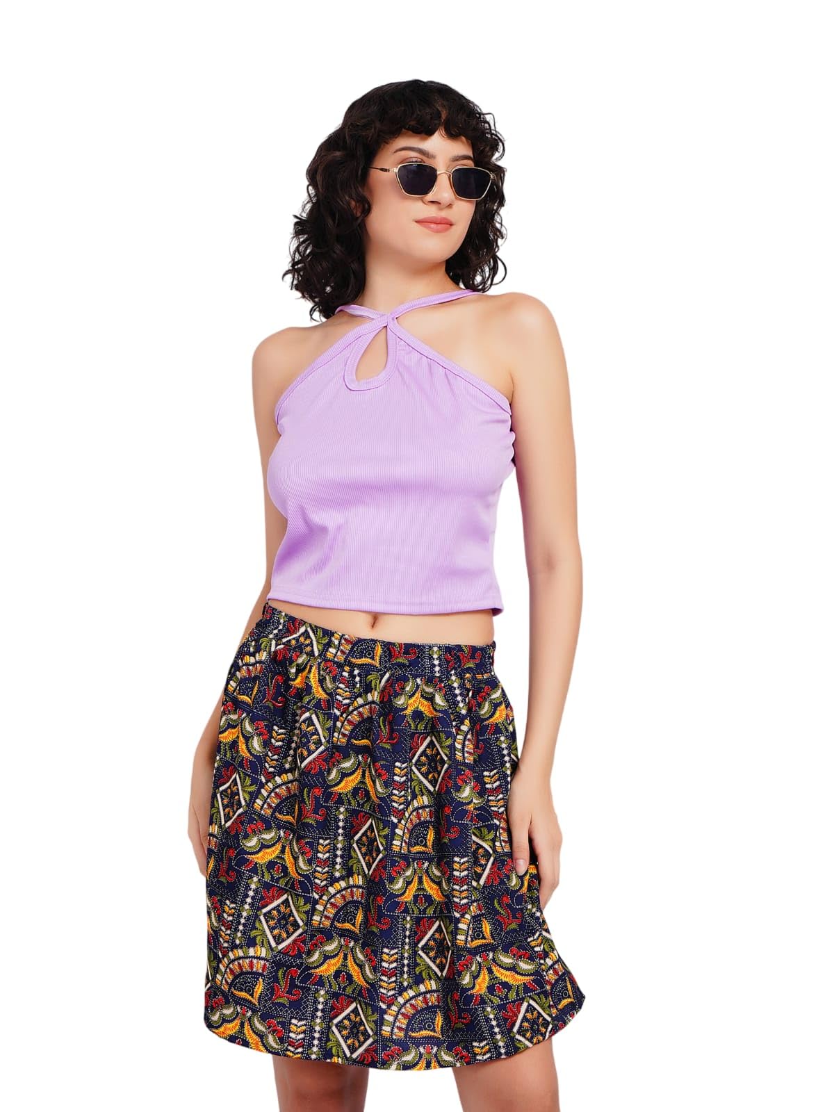 Rare Rabbit Womenâ€™s Blue Printed Flared Mini Skirt in blue
