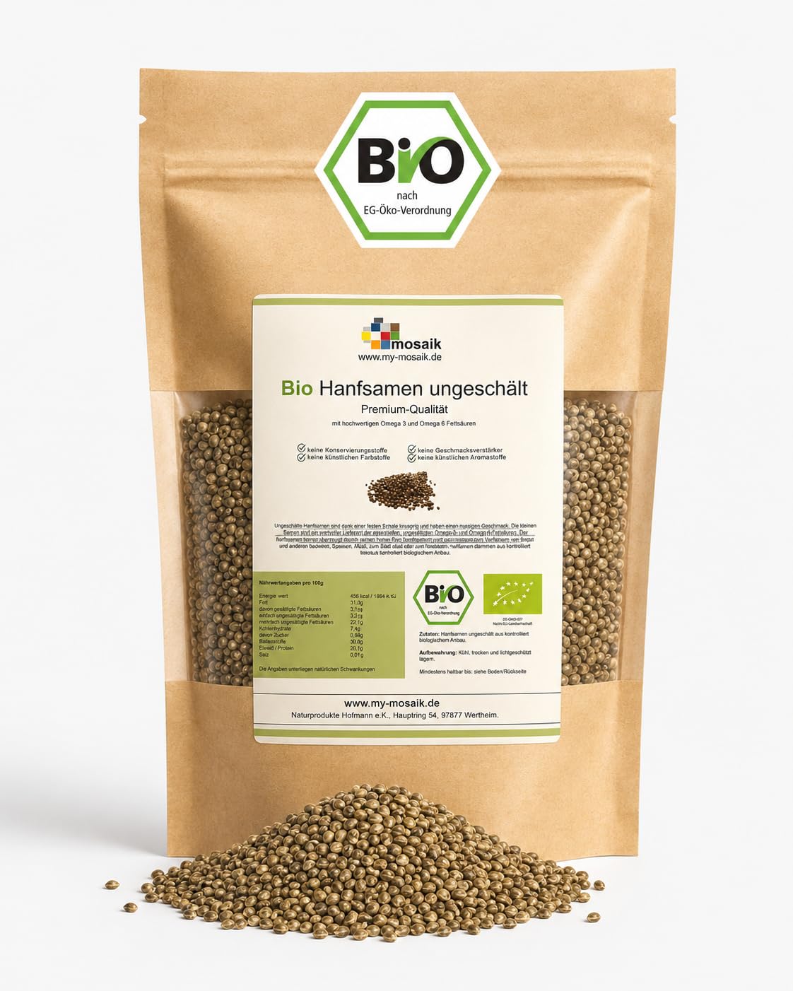 my-mosaik Bio Hanfsamen ungeschält aus kontrolliert biologischem Anbau - nährstoffreich und vegan, essentielle ungesättigte Omega-3- und Omega-6-Fettsäuren (5x 1000g)