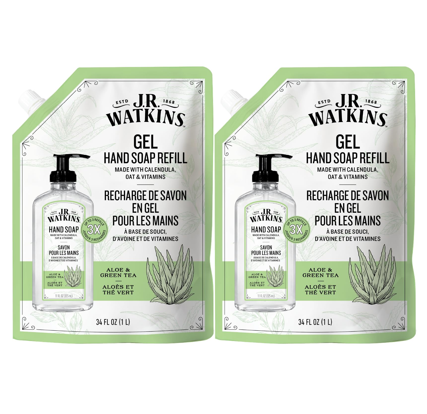 Photo 1 of ***only 1**** J.R. Watkins Gel Hand Soap Refill, Moisturizing Hand Wash, Formulated with Plant-Based Cleansers, Alcohol-Free, Cruelty-Free, Aloe & Green Tea, 34 Fl Oz, 2 Pack
