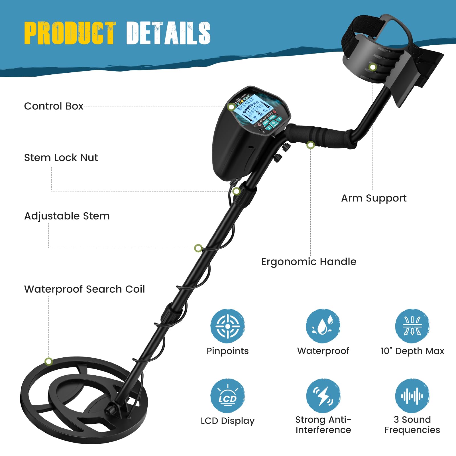 Metalldetektor für Erwachsene und Kinder, Länge, Empfindlichkeit und Audio einstellbar, alle Metall-/DISC-/PP-Modi, LCD-Display, professionelles Golddetektor-Set für Strand, Garten (Blau)