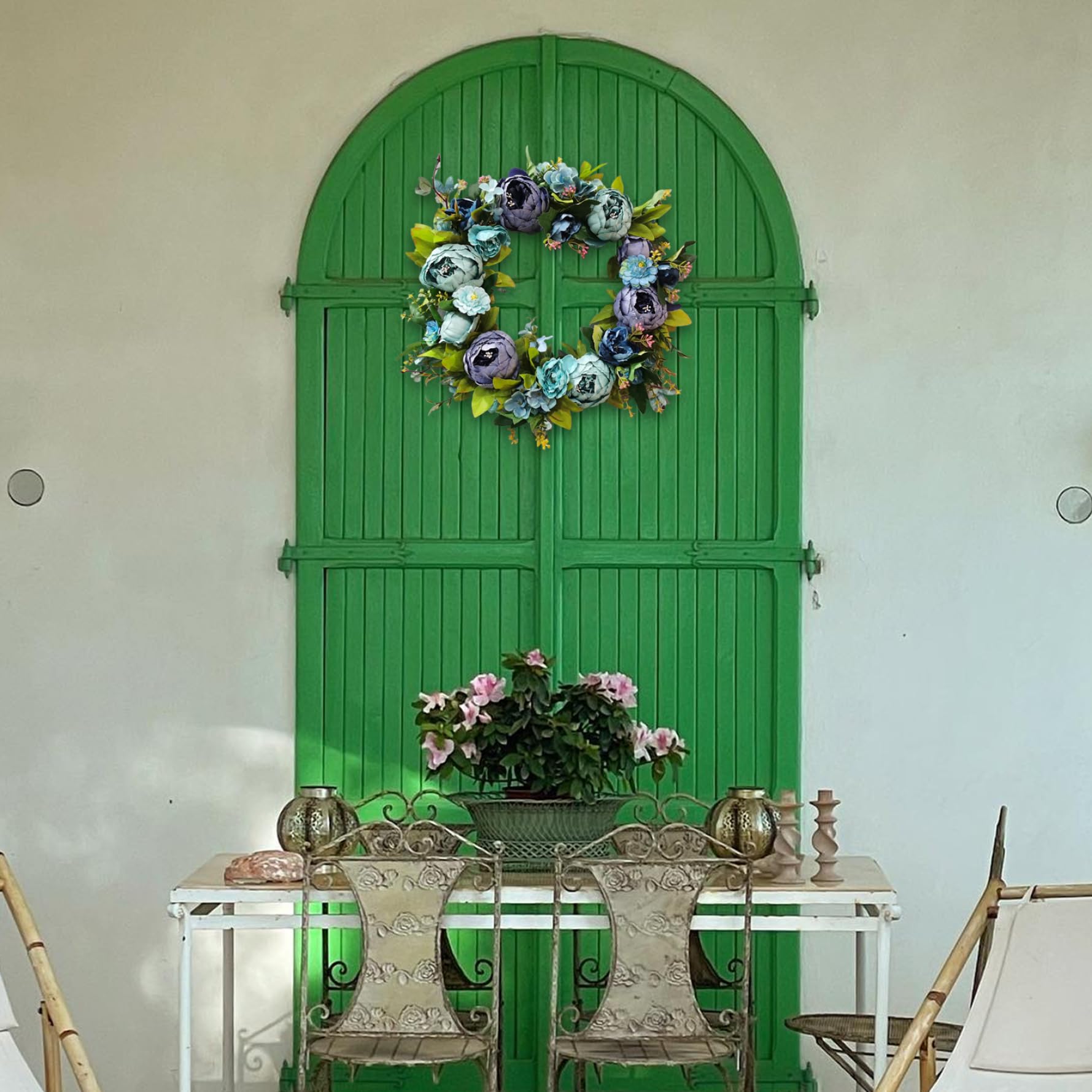 Ghirlanda di fiori artificiali di peonia blu da 16 pollici per decorazioni di nozze primaverili per la porta d'ingresso