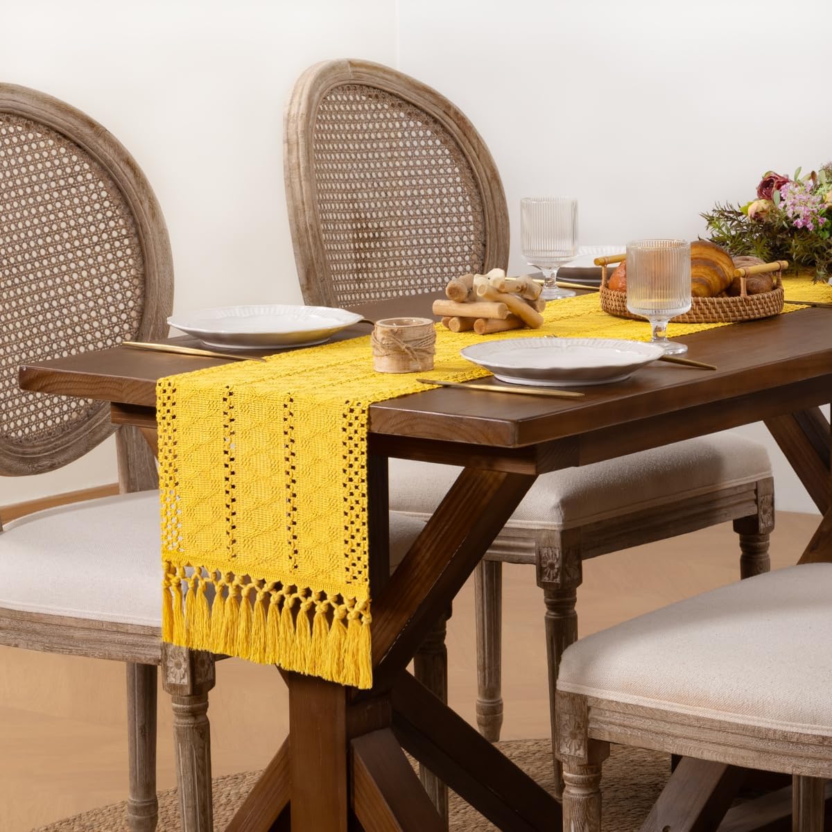 DeZerlor Boho Macrame Table Runner Spring Easter Farmhouse Woven Small Table Runner with Tassels 36 Inches Gold Yellow Cotton Linen Kitchen Table Decor for Dining Dresser Home Tea Table Decor