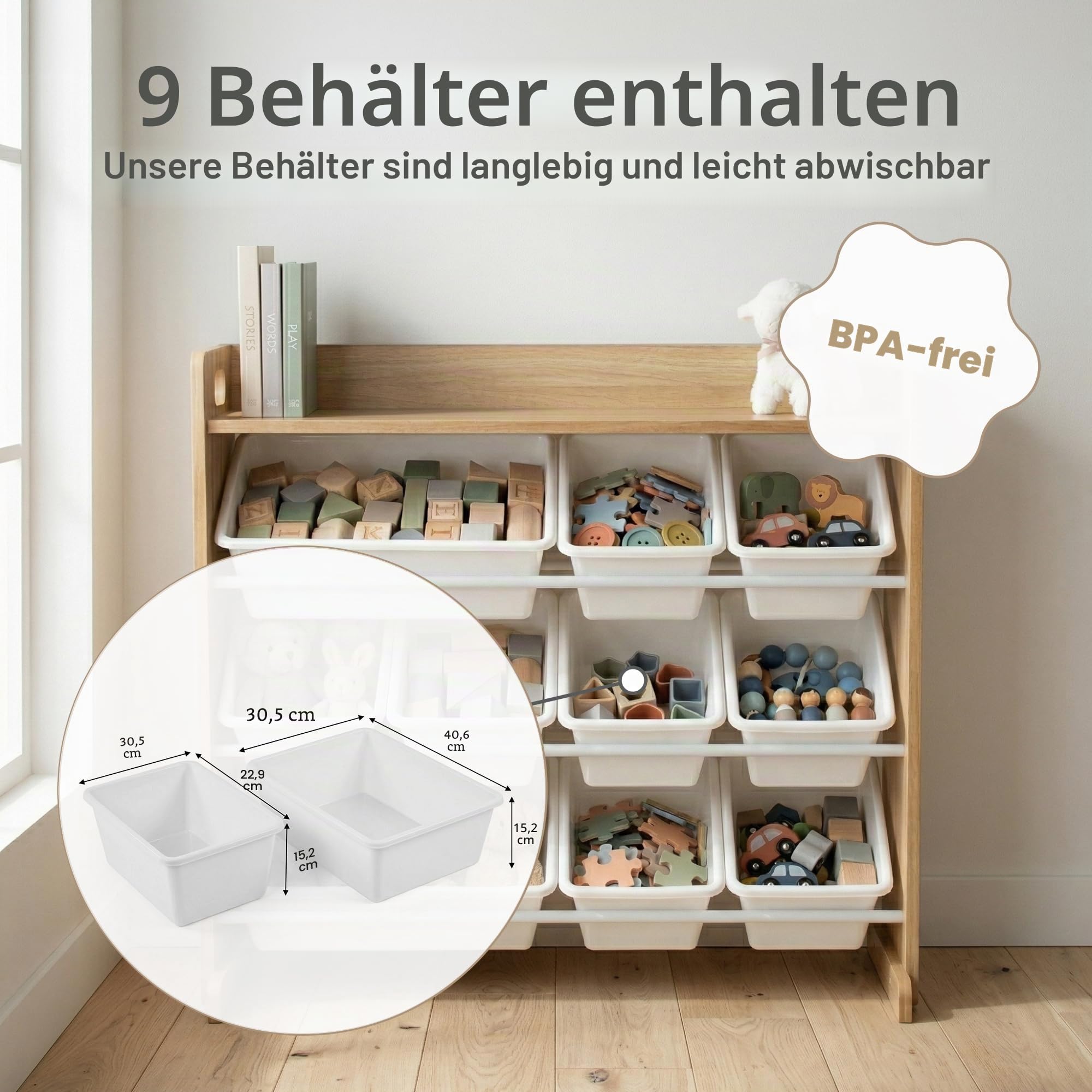 Humble Crew Kinderregal – Spielzeugregal mit 9 Aufbewahrungsboxen, Aufbewahrungsregal für Kinderzimmer, Natur/Weiß