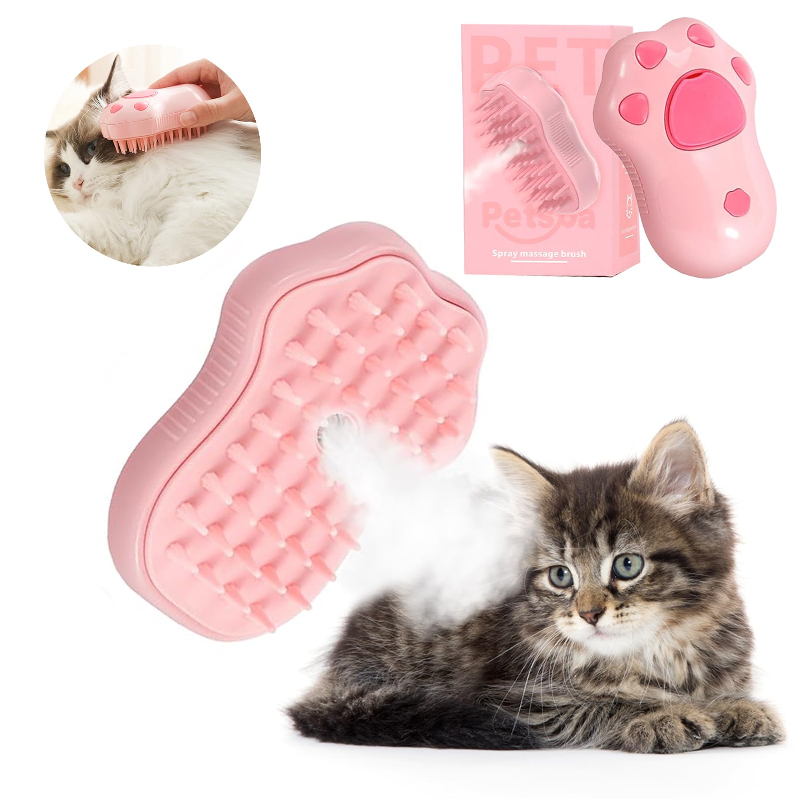 DONGTATA Cepillo de Vapor para Gatos 3 en 1 Steamy Cat Brush Cepillo de Vapor para Gatos para Masaje Vepillo de Vapor Autolimpiable para Gatos Perros para Cachorros de Gatos Cortos, Medianos y Largos
