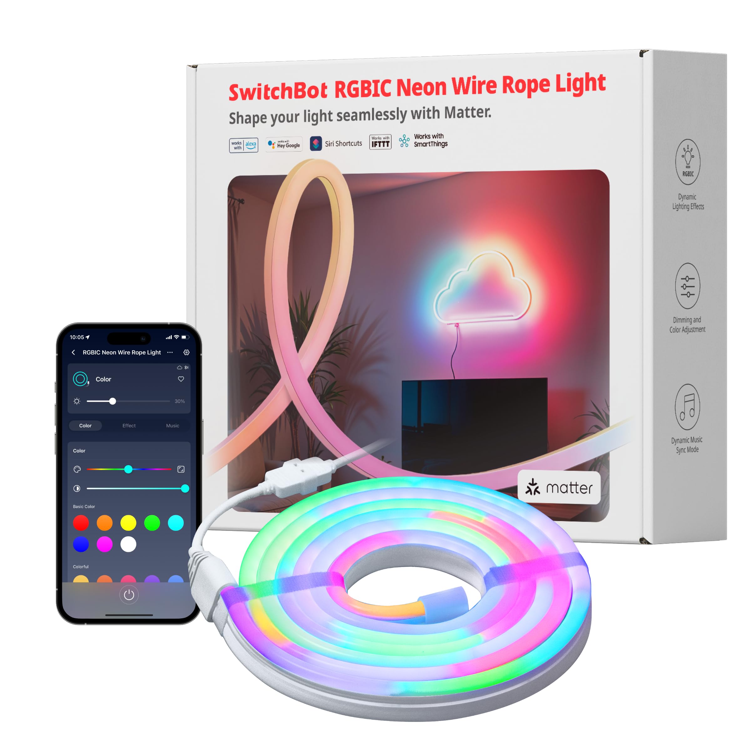 SwitchBot RGBIC LEDテープライト アレクサ MattePMAM Amazon.com: SwitchBot RGBIC Neon Rope Lights with Alexa, Matter