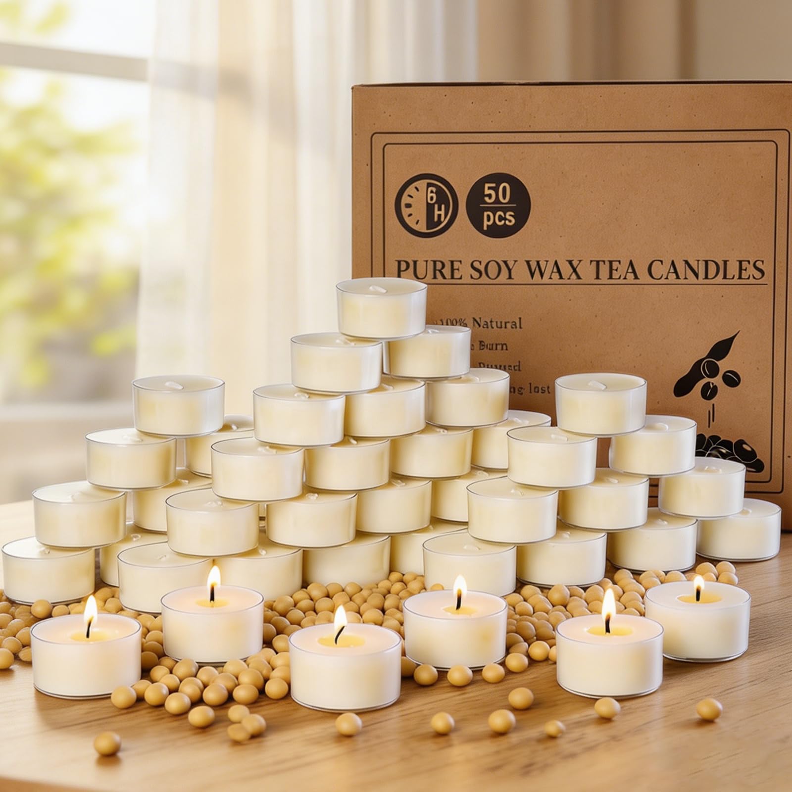 50 Pack Soy Wax Tealights, 6H Unscented Tealight Candles in Clear Cup Long Burning Time Paraffin-Free for Weddings, Events, Home Decor,Emergency Use