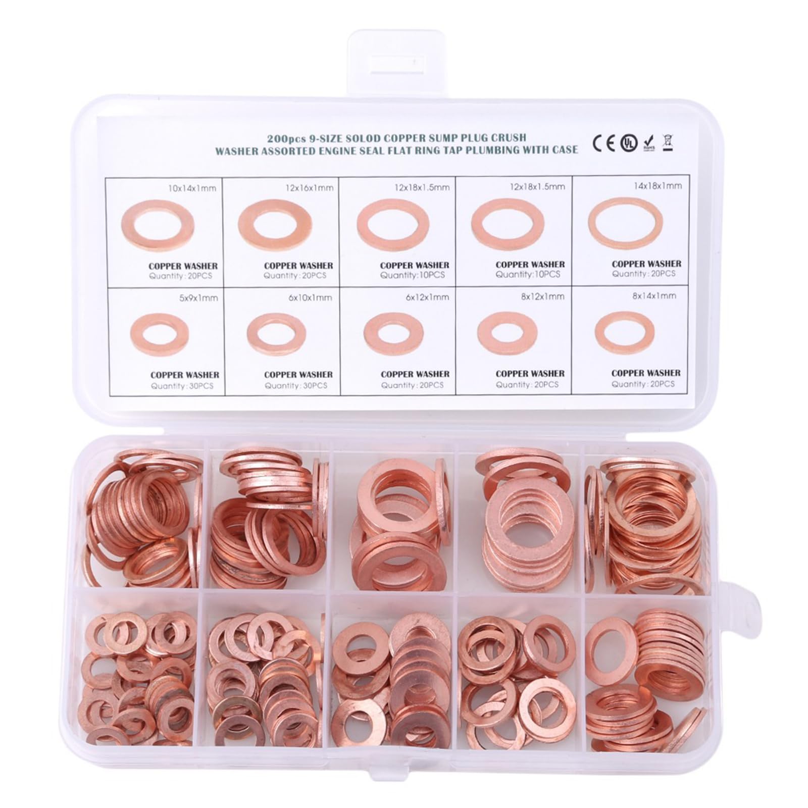 Coppers Flat Washer Selection, 200Pcs, Assorted Metric Sizes, Suitable for Electrical Connection Rings Gaskets