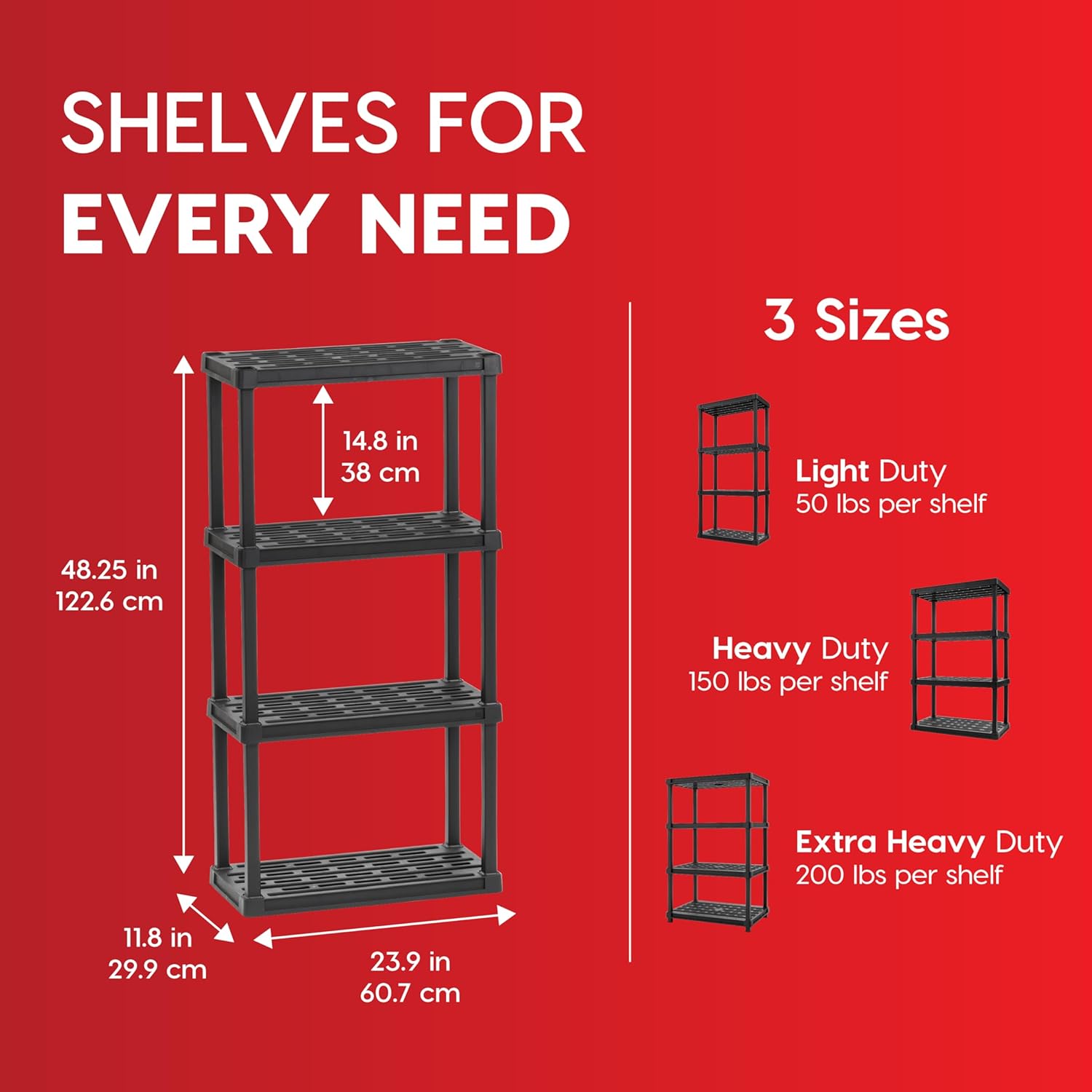 IRIS USA 4-Shelf Light Duty Plastic Storage Shelves, 200lb Capacity, 48" H x 24" W x 12" D, Medium Modular Shelving Unit Storage Organizer for Bathroom, Laundry, Garage & Home, Storage Rack - Black 4-Tier