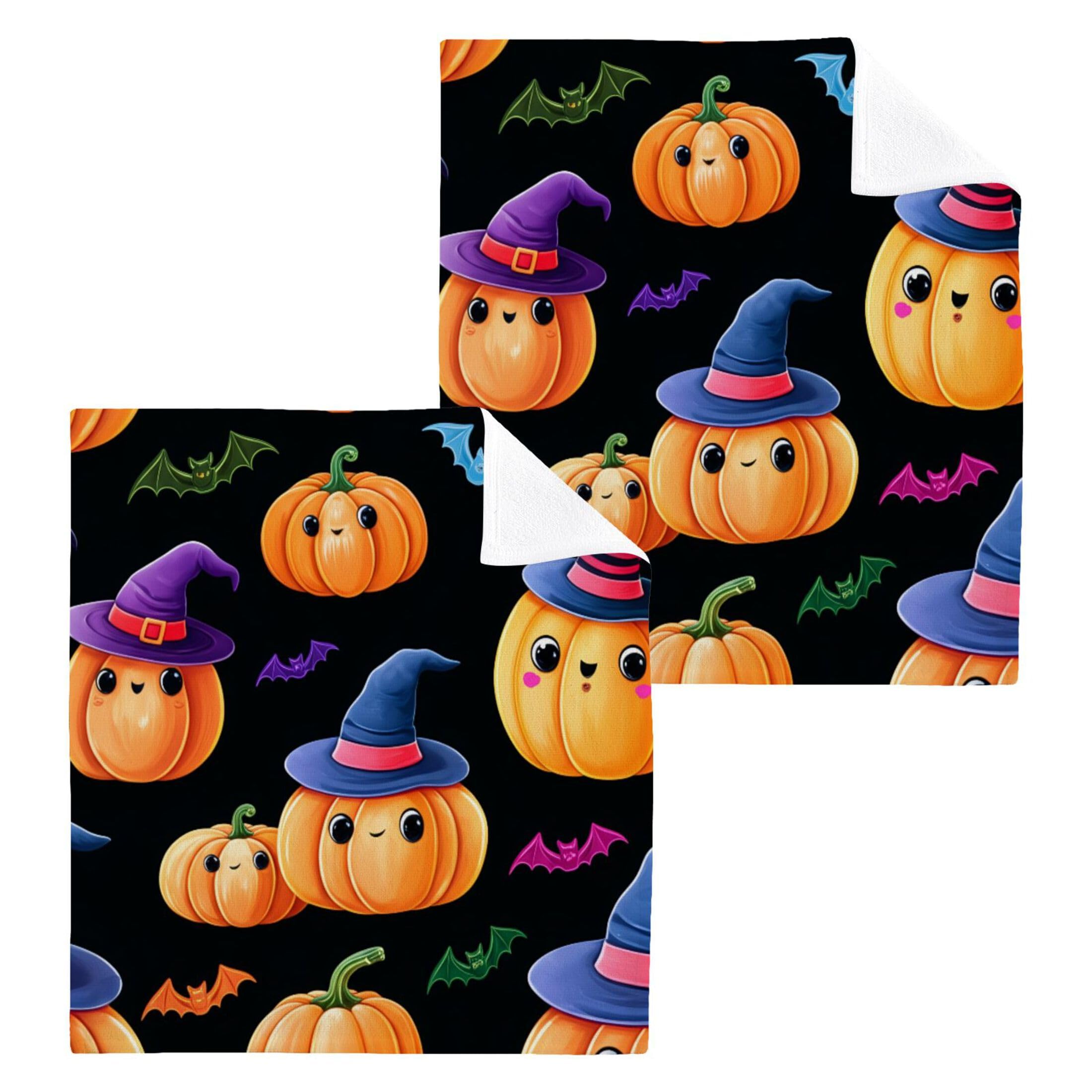 Kigai Pumpkins Wearing Witch Hats 4 Pack Washcloths Cotton Soft Absorbent Skin Friendly Wash Cloths Fingertip Towels Machine Washable 12x12 in