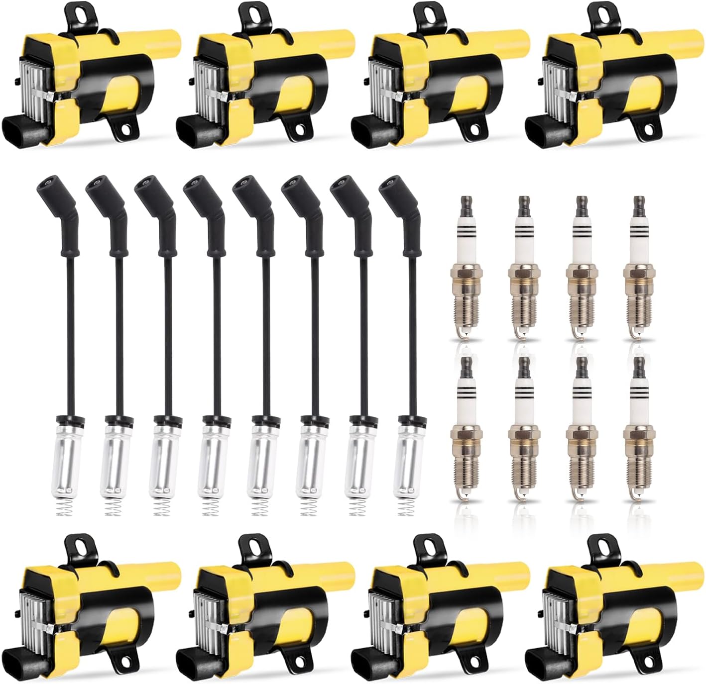ENA Set of 8 Round Yellow Ignition Coil Pack and Platinum Spark Plug and Wire set Compatible with Cadillac Chevrolet Rainier Escalade Express SSR Suburban Tahoe 4.8L 5.3L 6.0L for UF262 41-962 9748RR