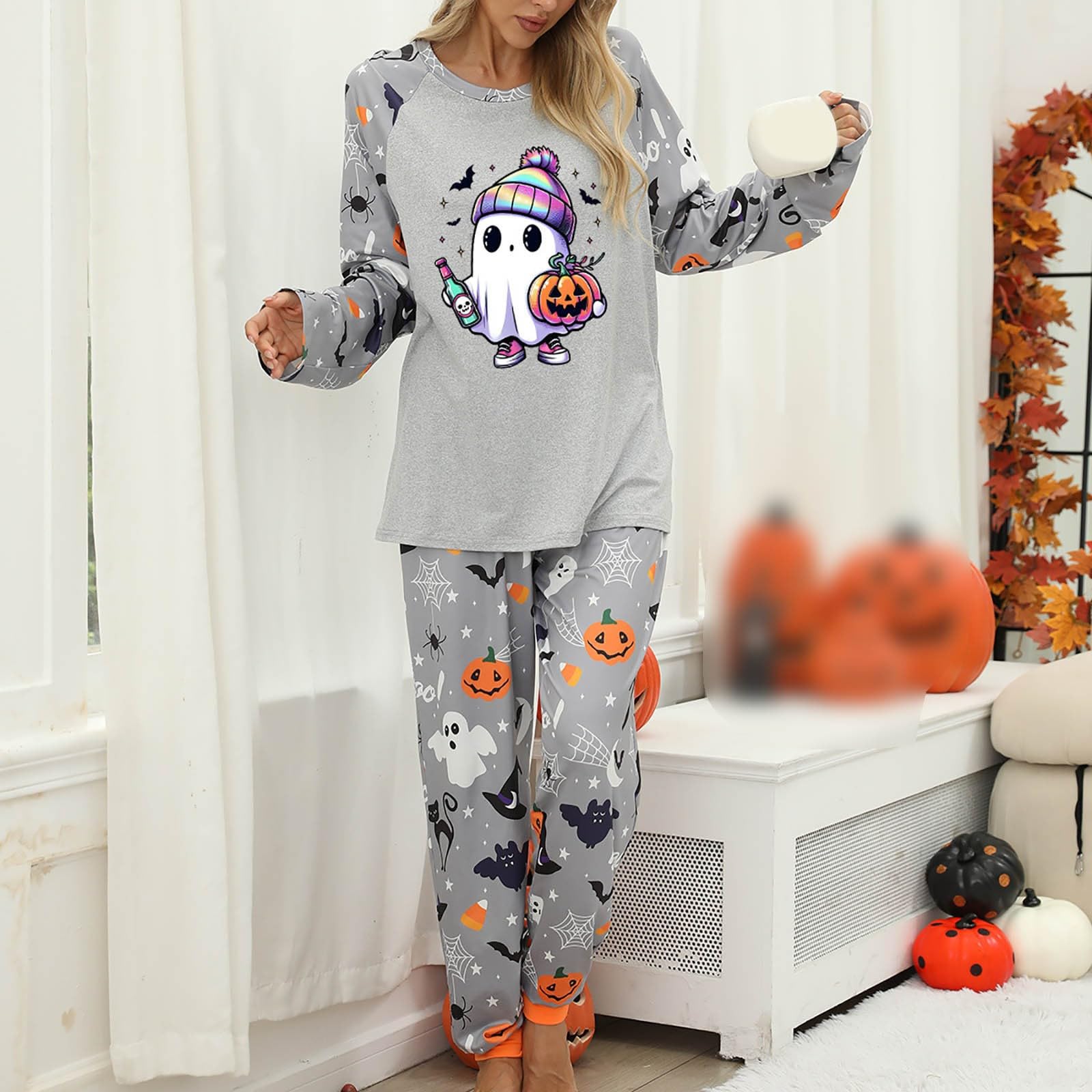 Genérico Conjuntos de Pijama para Mujer Ropa de Dormir Halloween Atuendo Acogedor hogareño Conjunto Dos Piezas y cómodo Pijama Festivo Femenino