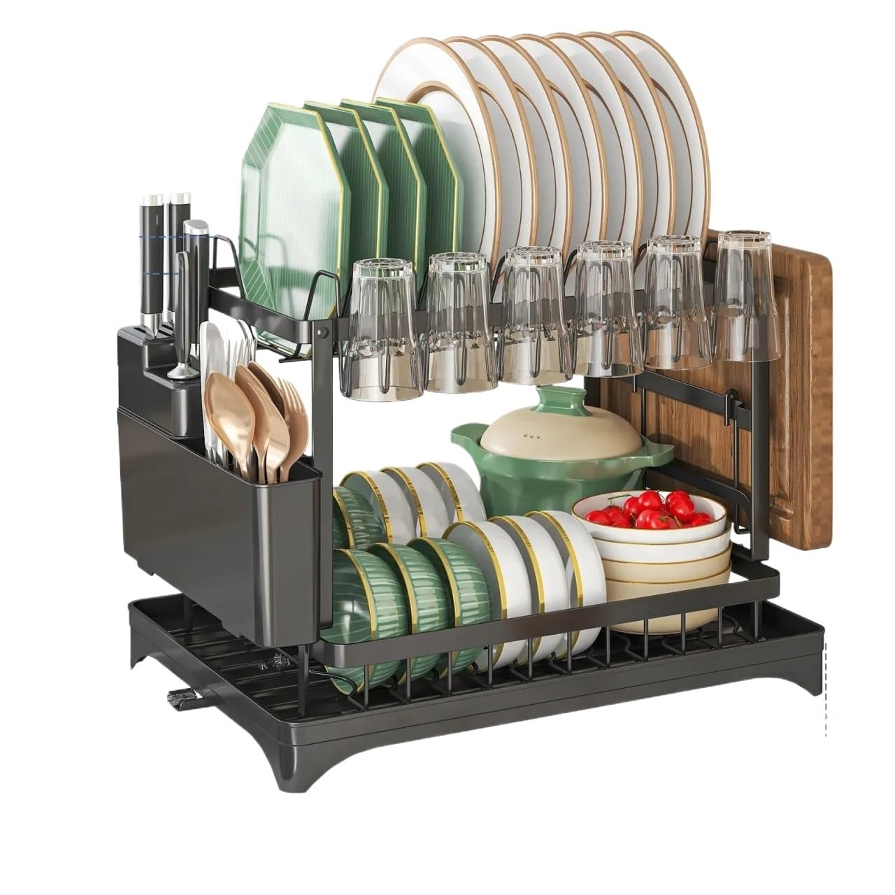 Jobaojiang 2-Tier Rotating Dish Drying Rack Swivel Drainboard No-Drill Metal Kitchen Organizer With Utensil Holder