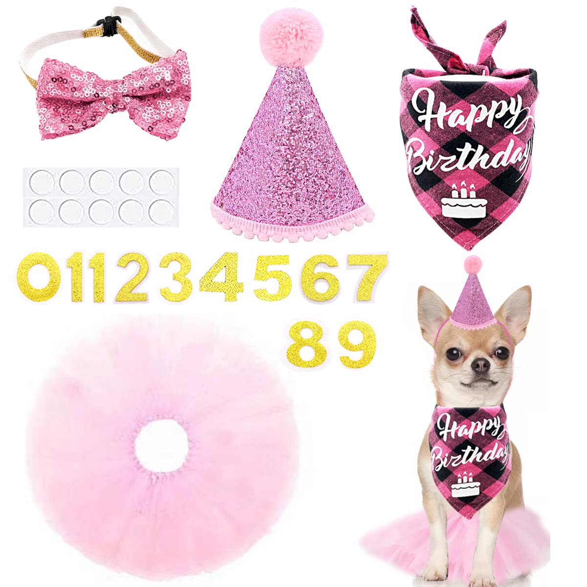 PET SHOW4Pcs Pink Dog Birthday Hat with 11 (0-9) Numbers Happy Birthday Bandana Dogs Bowties Tutu Dress Set for Small Dogs Cats Puppy Party Wedding Supplies