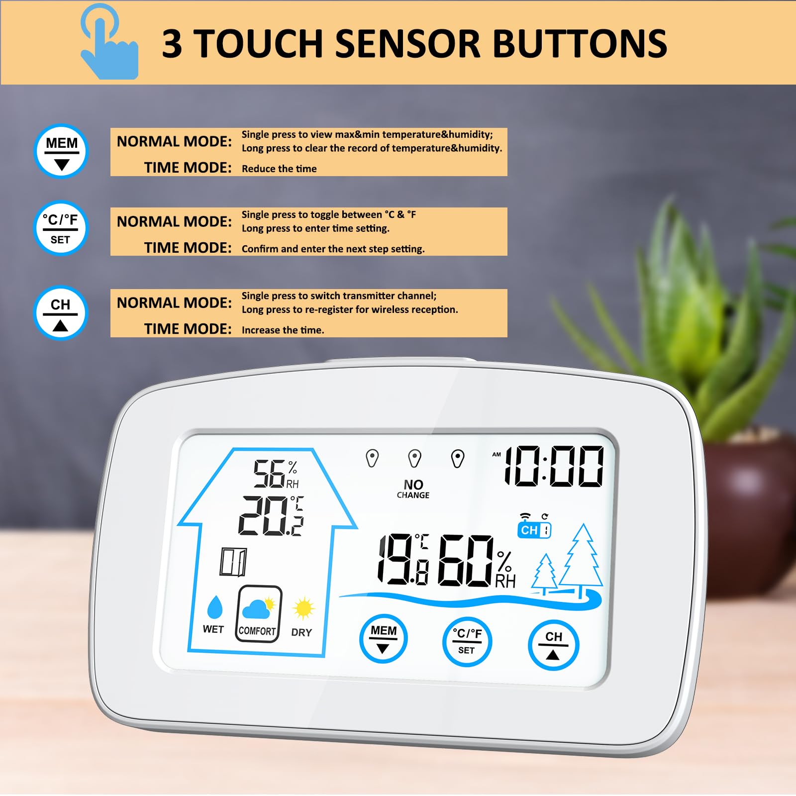 Stazione meteorologica digitale con touch screen retroilluminato, misuratore intelligente di temperatura e umidità, orologio meteorologico, con rilevamento di temperatura e umidità, promemoria