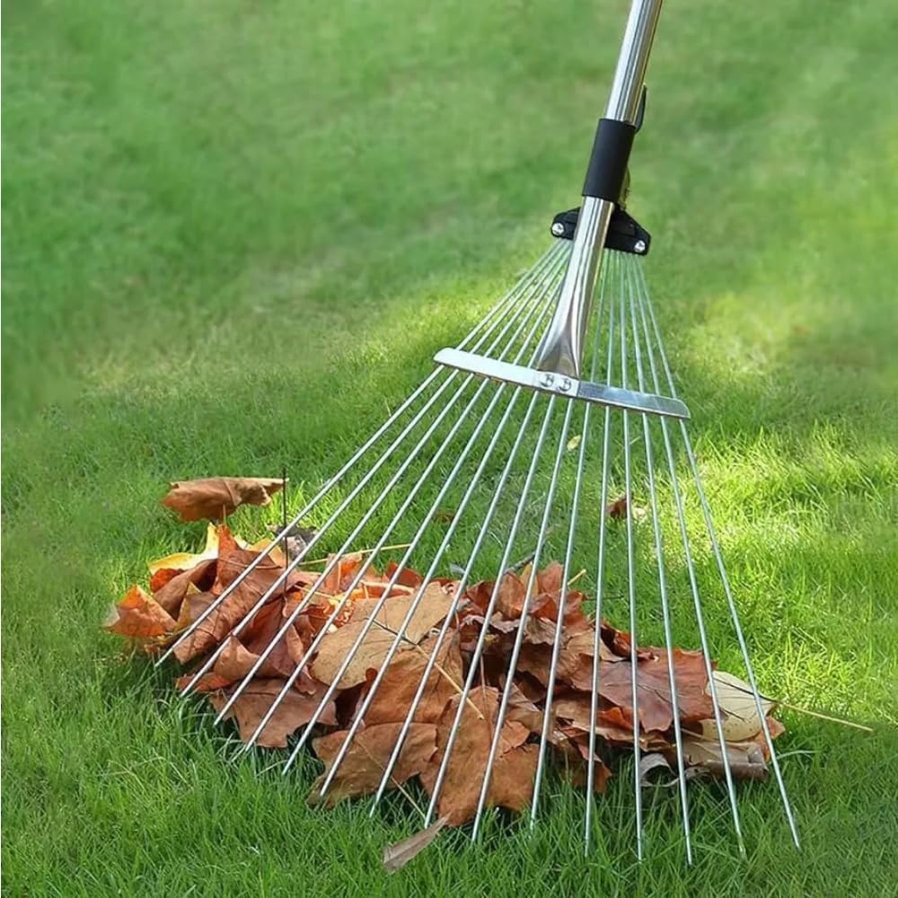 Garden Mile 118cm/148cm Adjustable Garden Lawn Rake Leaf Rake - Autumn Leaves 15 Tines Lightweight Steel Garden Rake - Tubular Steel Shaft & Plastic Grip - Garden Maintenance