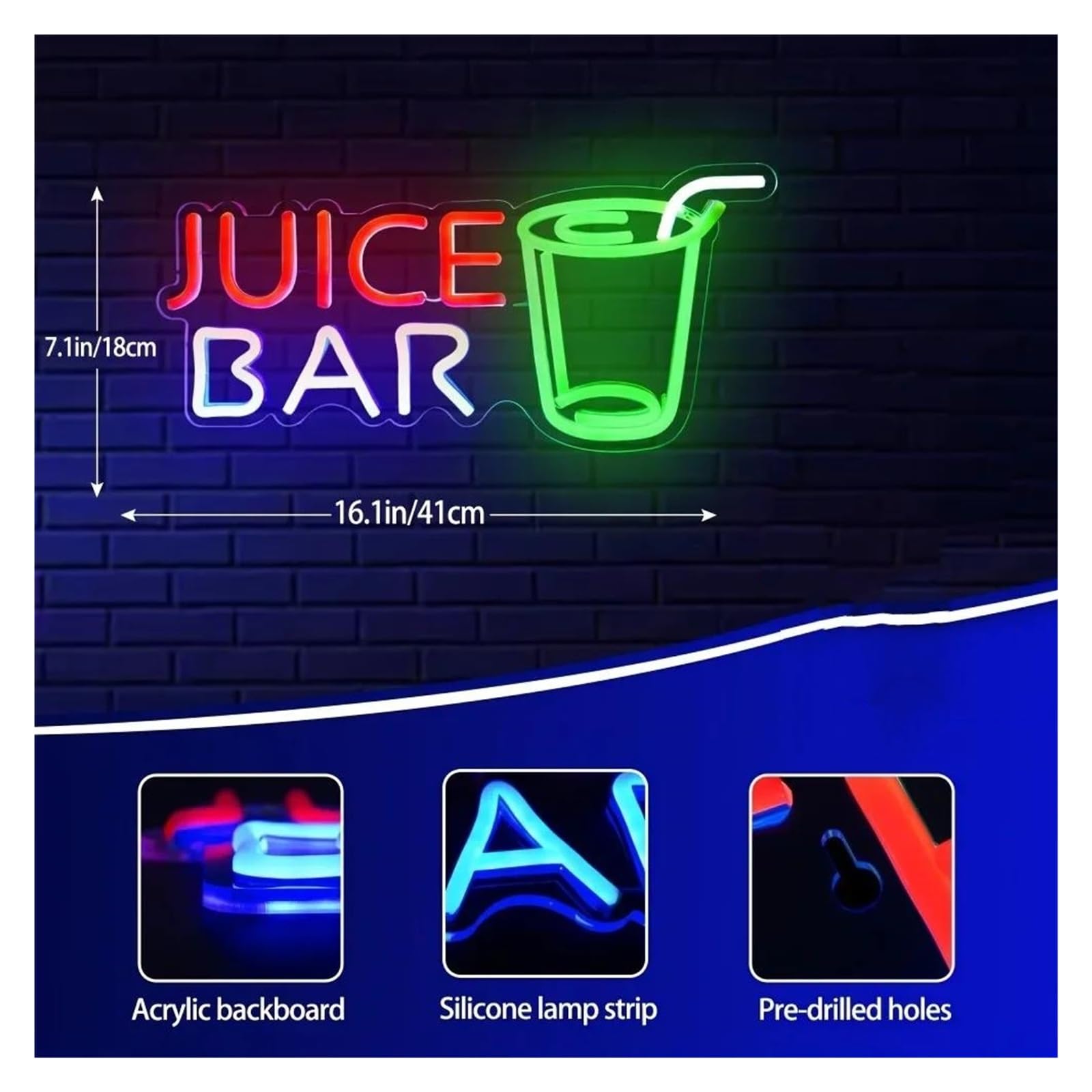 Luces de neón Letrero De Neón JUICE BAR, Con Leche, Té, Bebidas De Frutas, Luz Nocturna Para Fiestas, Cafeterías, Tiendas De Bebidas, Decoración De Sala 41cmх18cm