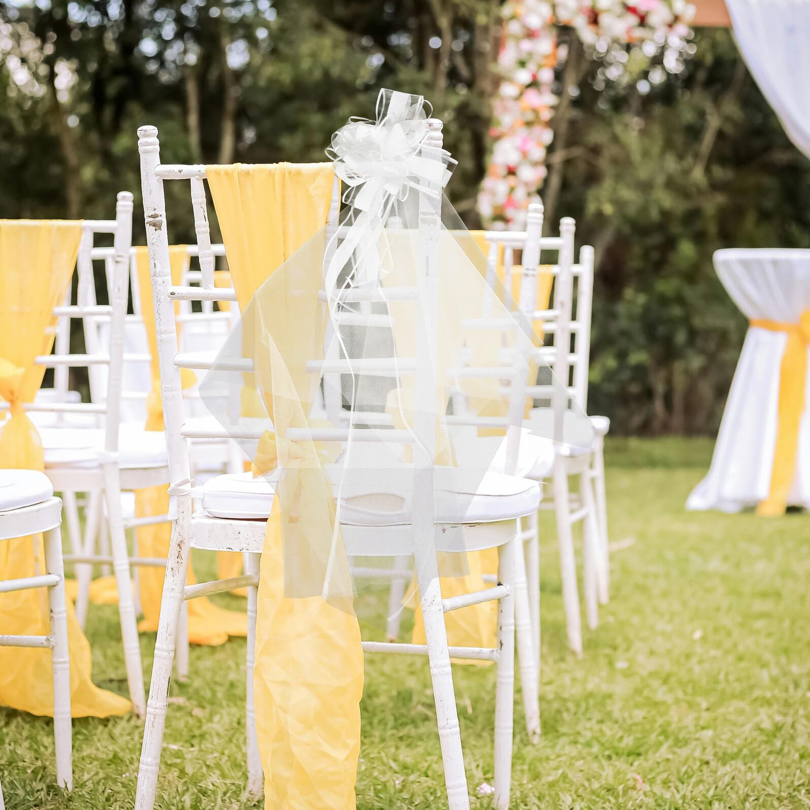 TOYANDONA Fiocco Grande per Matrimonio 12 Pezzi in Garza Bianca | Code Lunghe, per Banchi e Sedie nella Cerimonia, Adatto a Eventi All'aperto e Anniversario