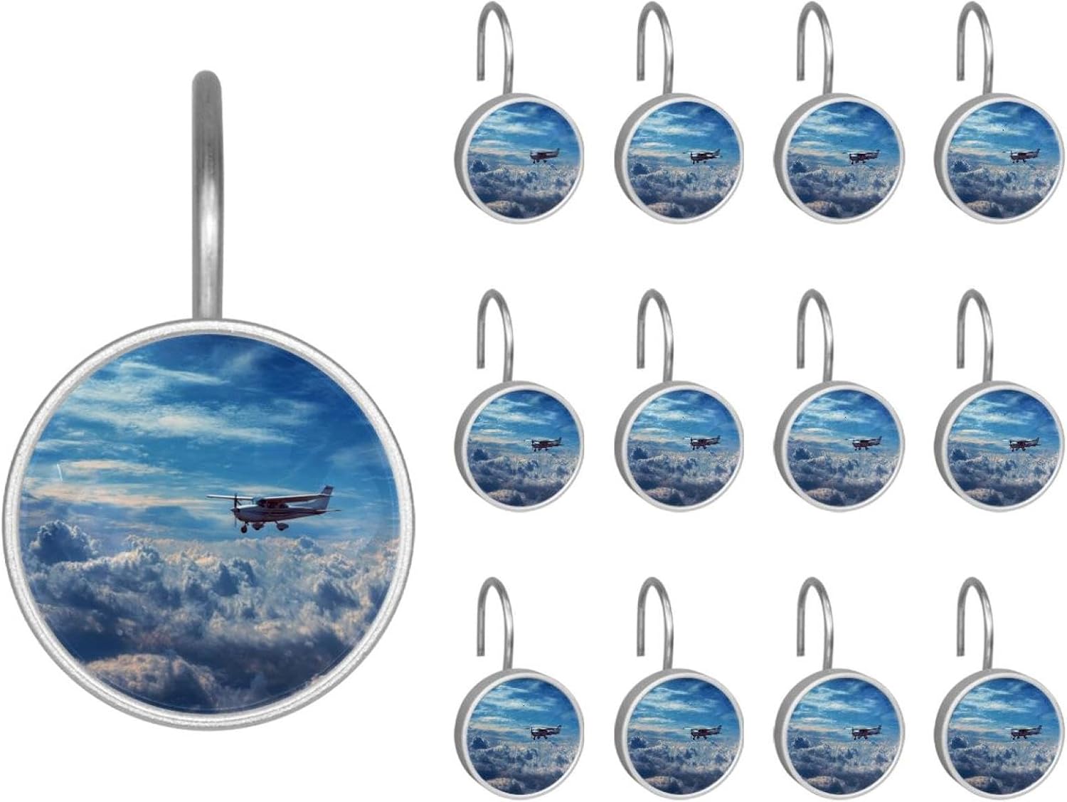 12PCS Aviation Airplane with Sky (1) Shower Curtain Hooks Metal Rust Resistant Decorative Shower Curtain Hooks Bathroom Decorations