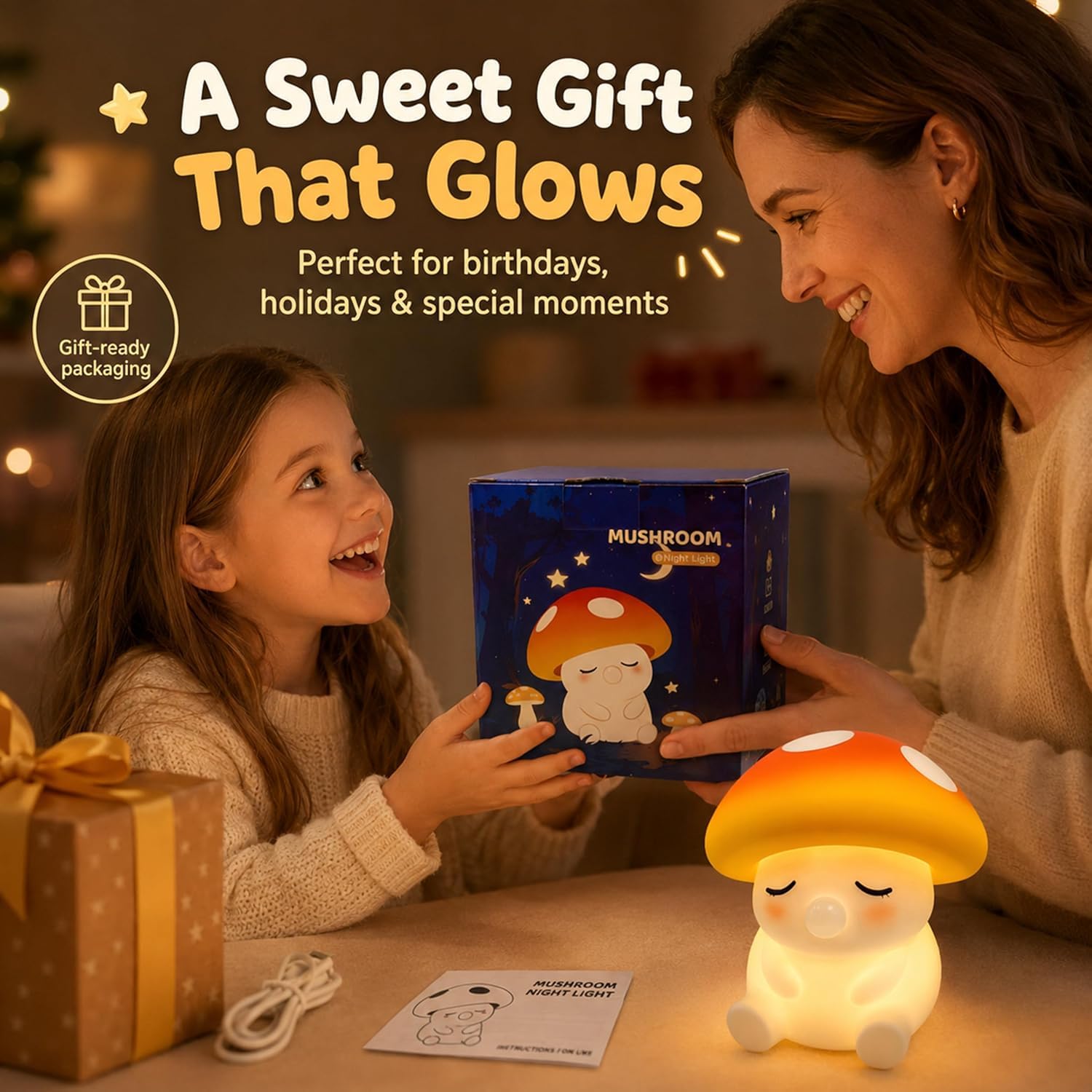 OOWOKS Lampada da notte a forma di fungo in silicone per bambini con comando touch luce bianca calda 3000K e modalità a 7 colori lampada da comodino per neonati dimmerabile lampada LED per bambini