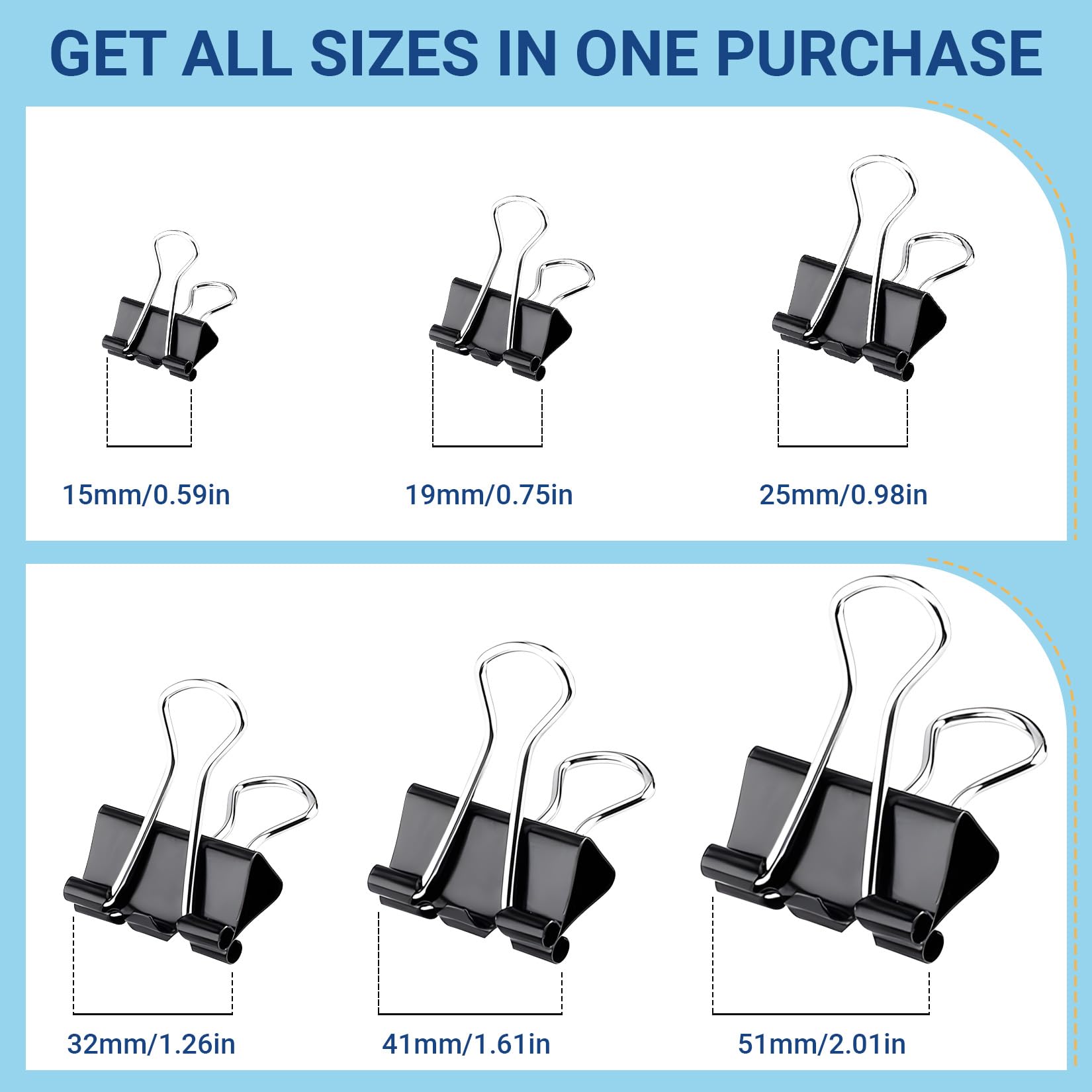 208 clip per raccoglitori di dimensioni assortite, 1,5 - 5,1 cm, morsetti per carta in metallo nero, mini/piccoli/medi/grandi, 6 misure in 6 scatole, clip per ufficio per casa/scuola