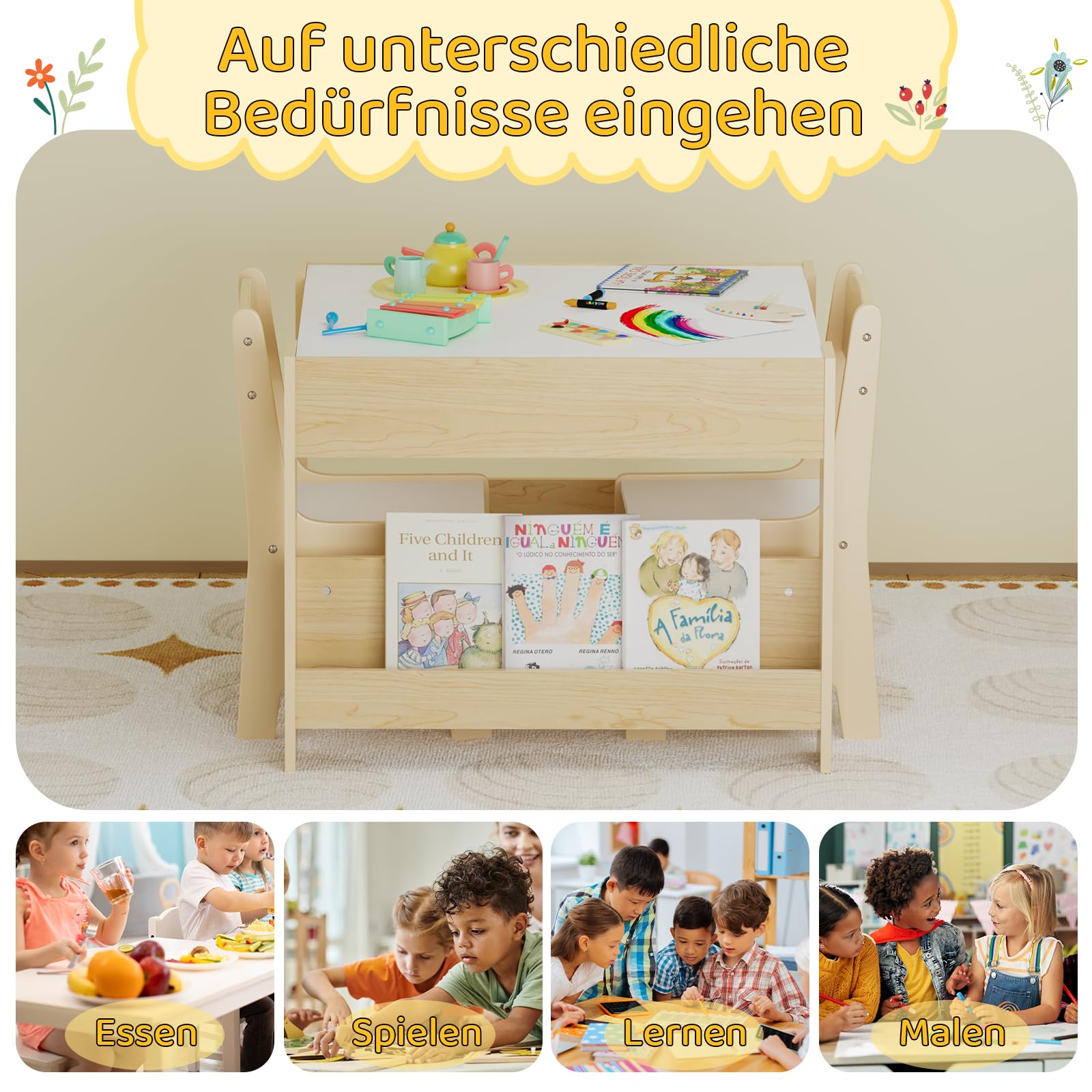 Clevich Kindersitzgruppe Holz mit Stauraum, Kindertisch mit 2 Stühlen, Holz | Tisch & Stühle Set mit Bücherregalen, Kinder Maltisch & Basteltisch, für Kinderzimmer, Spielzimmer, Kindermöbel ab 3 Jahren