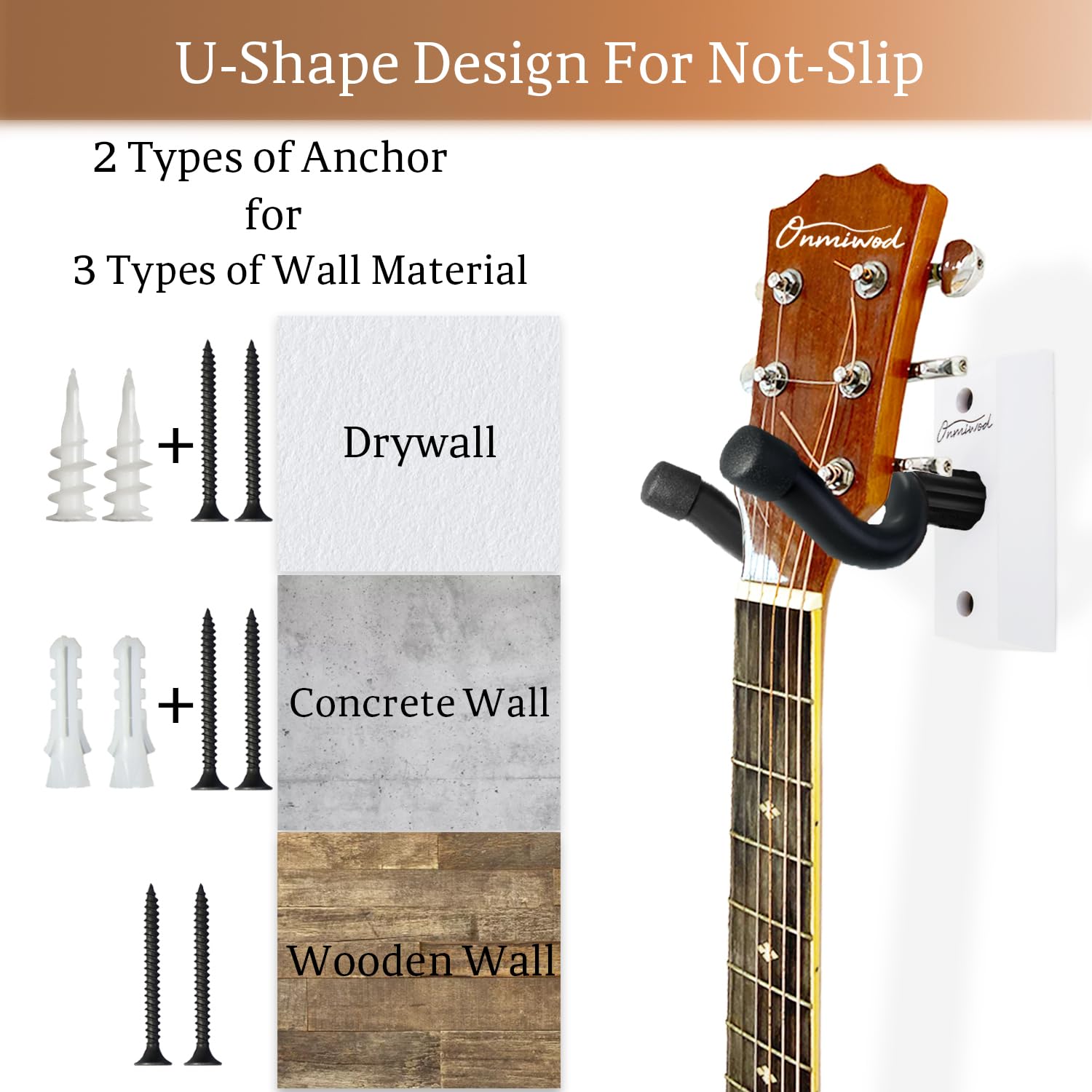 Onmiwod Lot de 2 supports muraux en bois dur blanc pour guitare, support mural en forme de U, support mural pour guitare acoustique, électrique, banjo, basse, pour joueur de guitare, homme et garçon