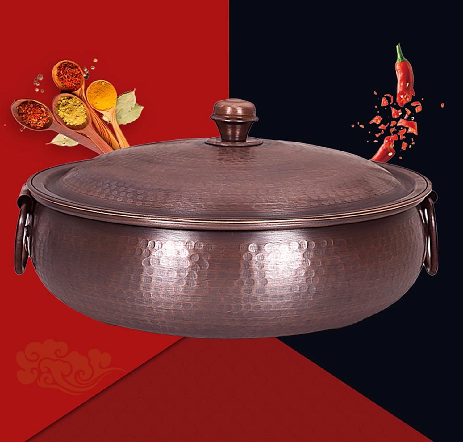 Hammered Copper Hot Pot Copper Chafing Dish,Traditional Induction Pot, Thick with Lid, Cooking Pot for Home for Household Restaurant Parties,26CM