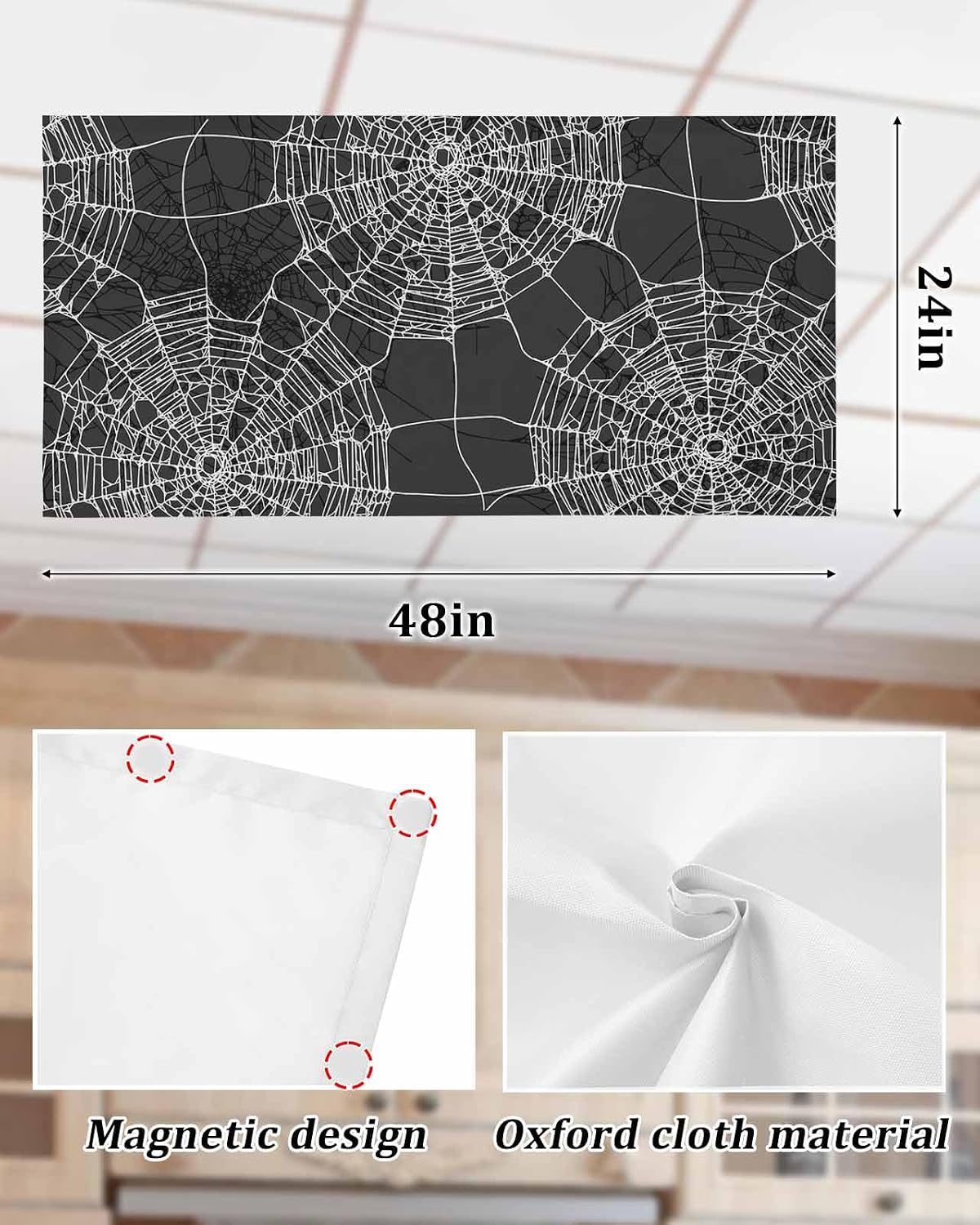 Light Covers for Ceiling Lights Classroom Halloween Black Webs Magnetic Light Filters 4 Pack 4x2 ft Horror Ceiling Light Cover for Classroom Office School Home Drop Lamp Decor