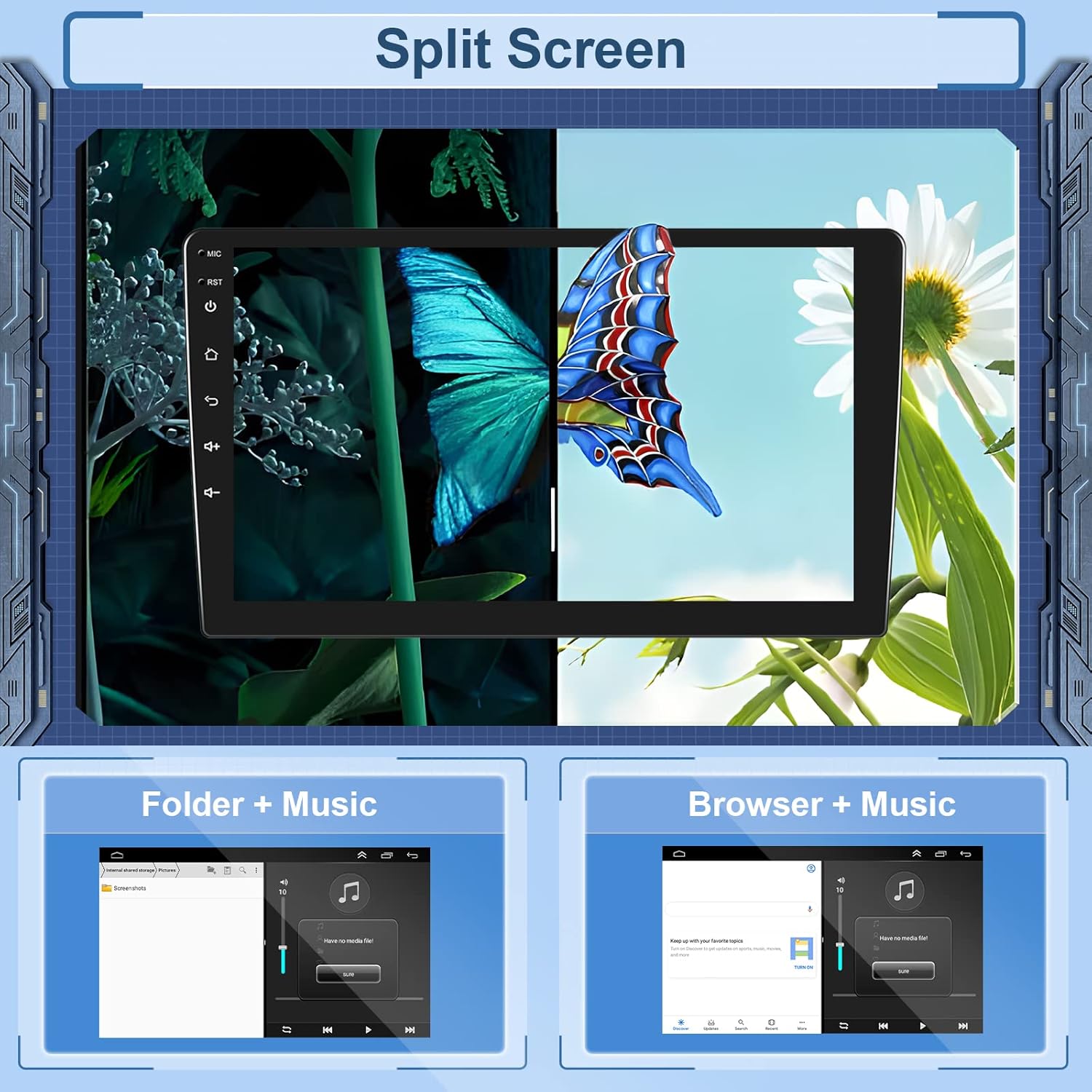 Screenshot of the car radio display showing two applications running side-by-side in split-screen mode, one displaying a folder and music, the other a browser and music.