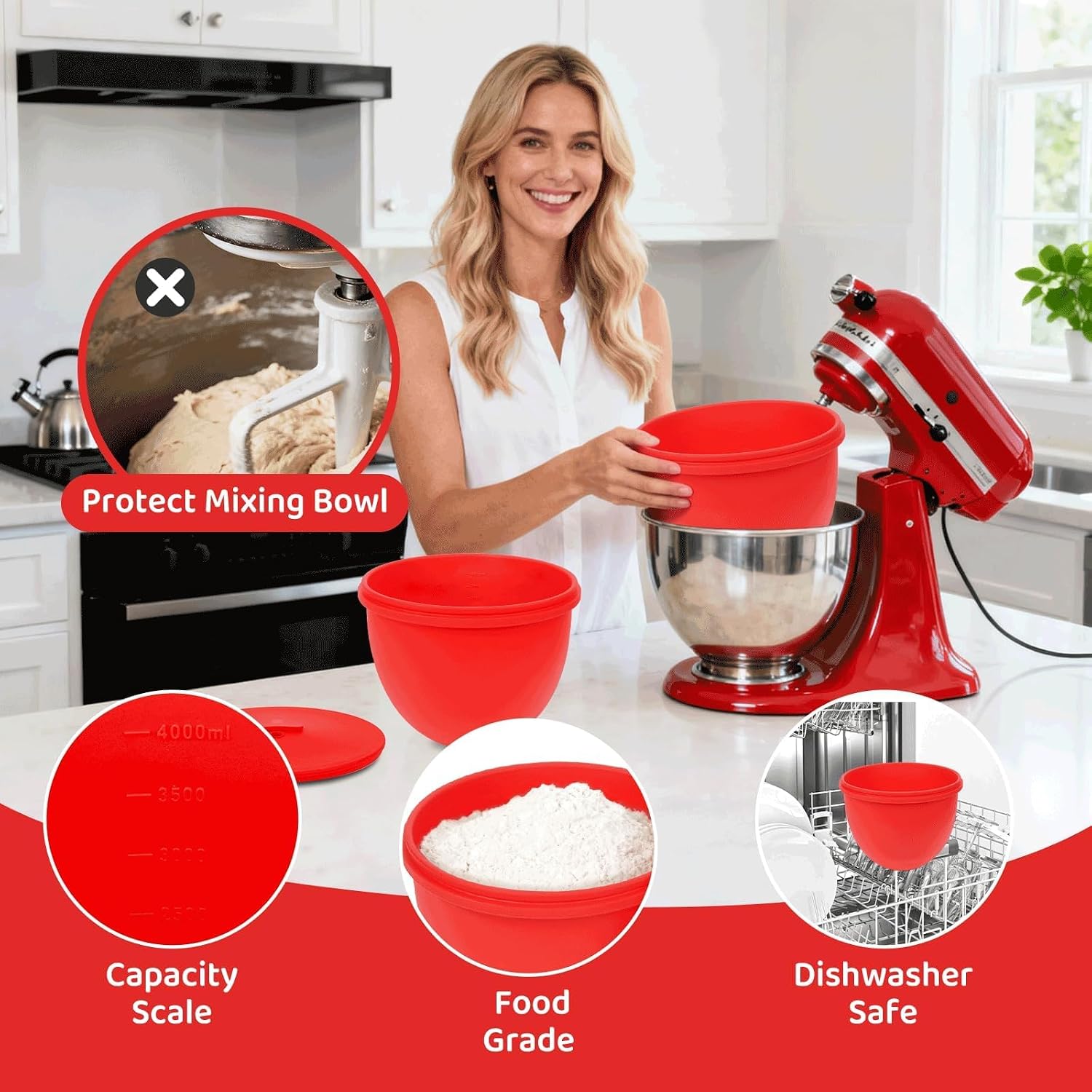 Silicone Liners for KitchenAid Tilt-Head 5 Qt Mixers, Mixer Bowl Accessories & Attachments for Baking and Cooking 1 Liners & 1 Lids, Dishwasher Safe (1, 5 QT)