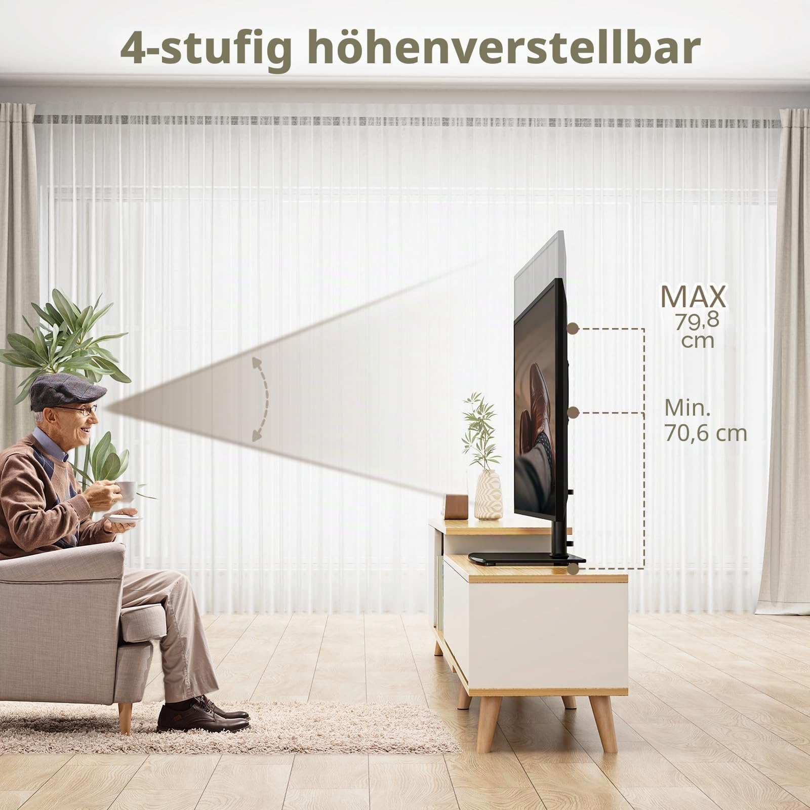Universal schwenkbarer TV-Ständer/Tischfuß TV-Ständer 32 bis 70 Zoll TVs 80 Grad schwenkbar, 4 Stufen höhenverstellbar, Schwerer gehärteter Glassockel, hält bis zu 40KG s Bildschirme, HT04B-002P