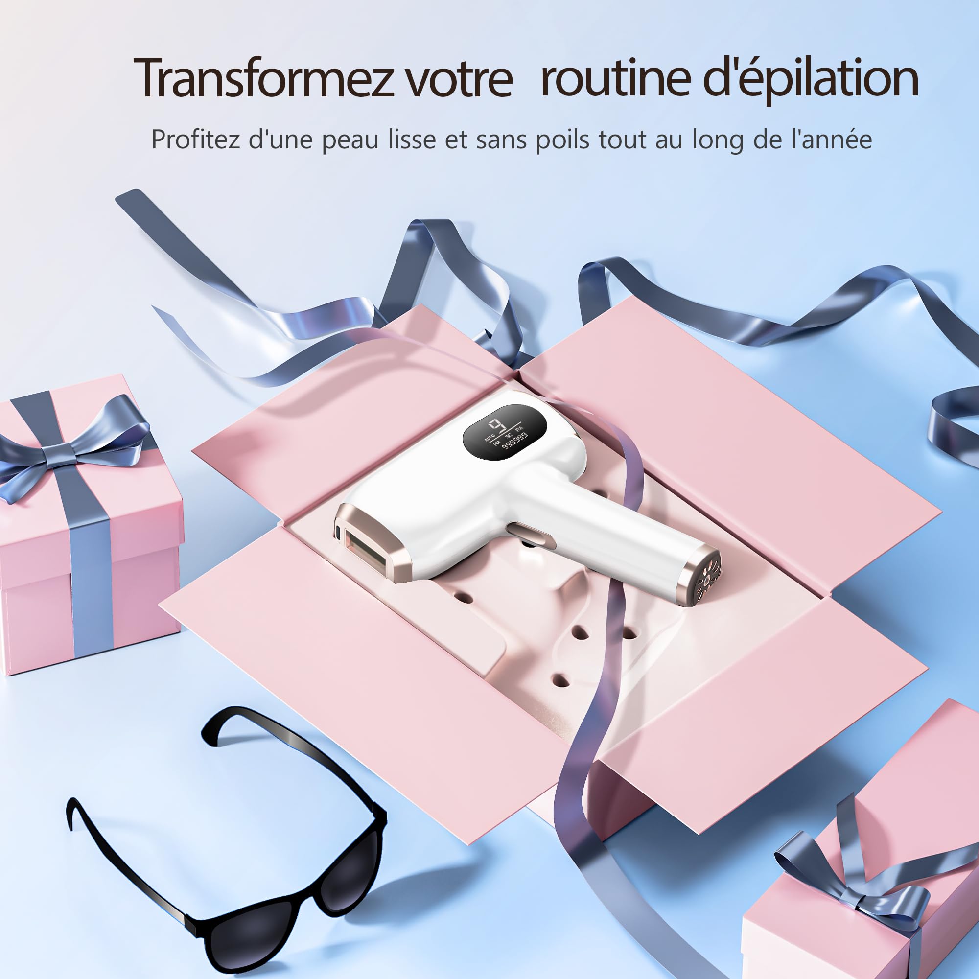 Épilateur Lumière Pulsée, Fonctions HR/SR/HR+, 9 niveaux d'énergie, 999 999 impulsions lumineuses, des femmes, des lèvres, du visage, des aisselles et du corps.