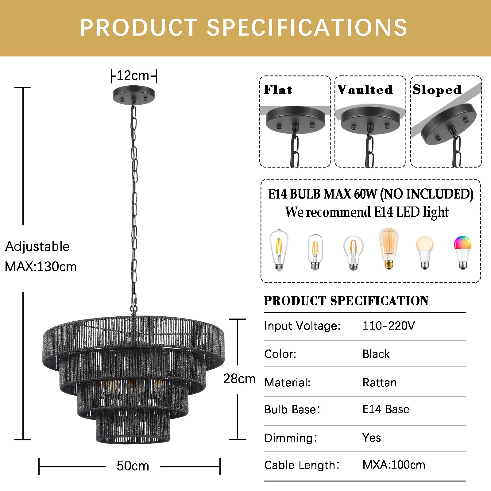 50Cm Boho Pendelleuchte,Handgewebt Lampenschirm Rattan 6-Leichter HäNgelampe 4 Runde ÜBergangs-Rustikal GroßEr Lampenschirm HäNgelampe FüR Esstisch Wohnzimmer KüChe Schlafzimmer,Matt Schwarz