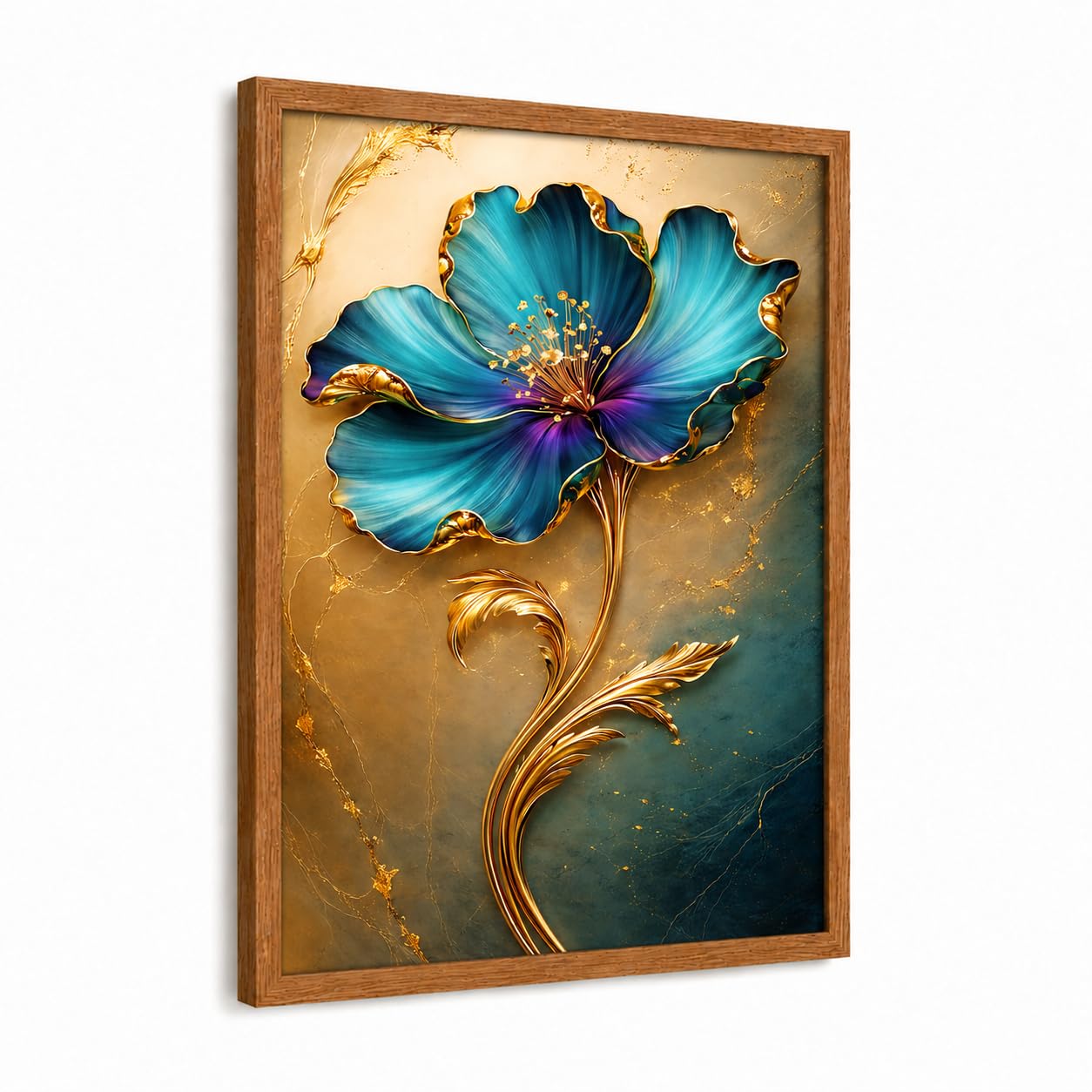 Elvynln Framed Canvas Print 12x16 Inch, Blue Gold Flower Wall Art with Walnut Colour Frame, Living Room Decor, Bedroom Picture, Home Office Artwork โ image 1