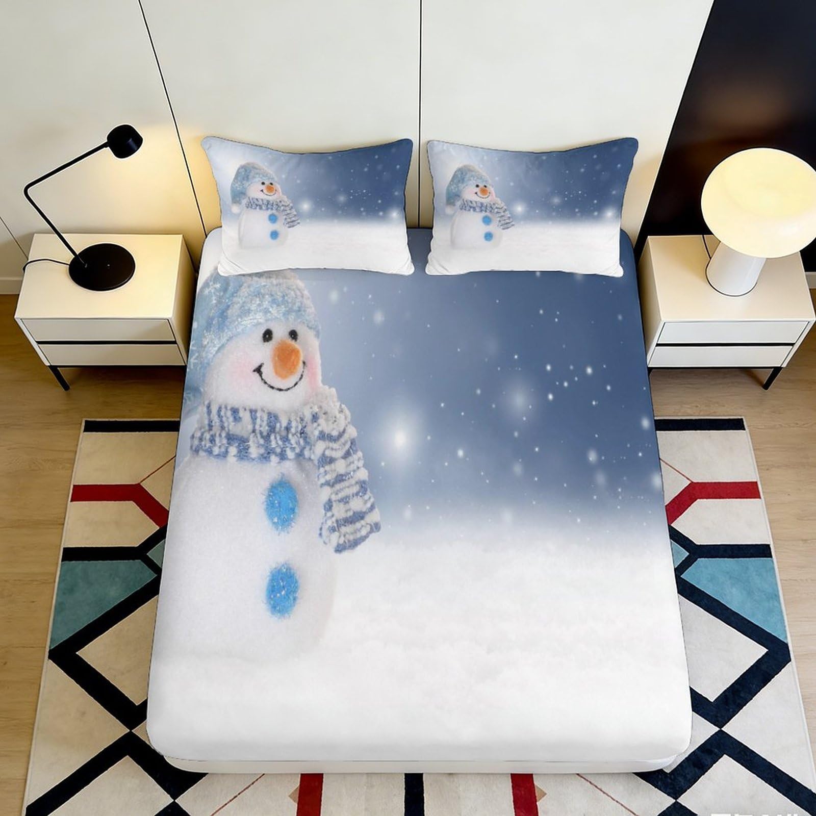 3D Printed Snowman Winter Fitted Sheet Microfiber Soft Breathable Christmas Scene Mattress Cover Bedroom Decor 90x200x25cm