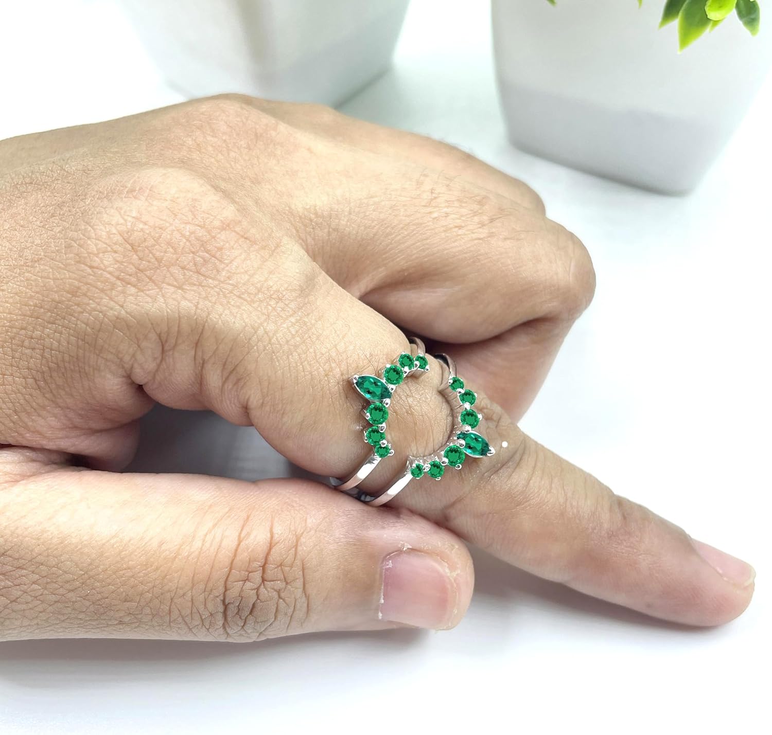 Marquise & Round Cut Green Emerald Curved Crown Enhancer Guard For Women, 14K Gold Plated 925 Silver May Birthstone Green Emerald Chevron Contour Crown Enhancer Wrap Guard Matching Band