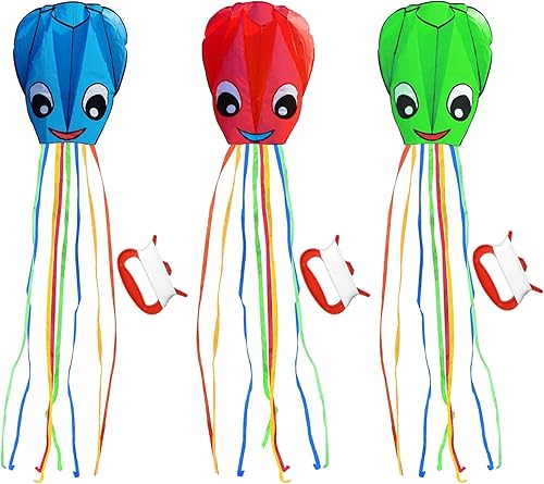 Paquete de 3 cometas grandes de pulpo sonriente mejoradas, hermosa cometa de cola larga para niños y adultos, fácil de volar a la playa, grandes