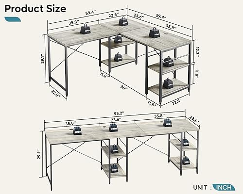 Miniatura 26 de Bestier Escritorio en forma de L con estantes, escritorio esquinero reversible de 86.6 pulgadas o mesa larga para 2 personas para oficina en casa,