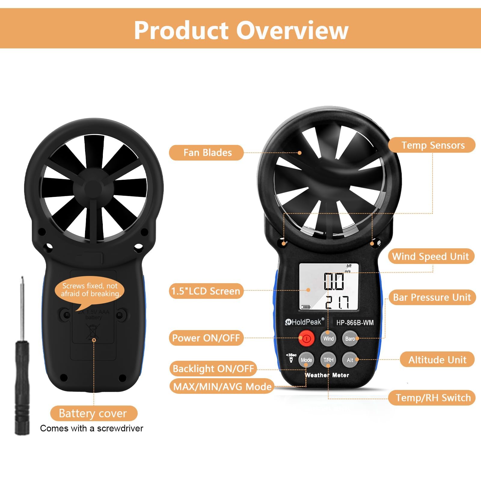 Digitaler Windmesser Anemometer Handheld für Windgeschwindigkeit Temperatur Feuchtigkeit Drohnenflug HVAC
