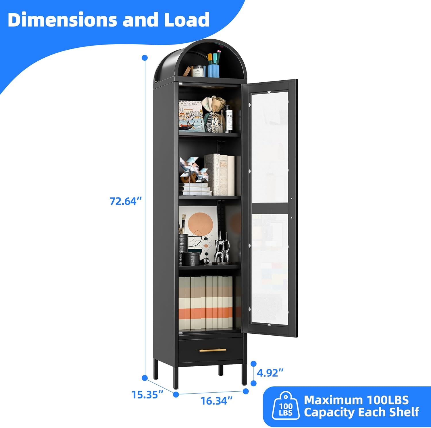 73''H Metal Arched Bookcase Cabinet, Arch Display Storage Cabinet with Glass Doors & Shelves and 1Drawer for Living Room, Kitchens,Office, Black, Assembly Required